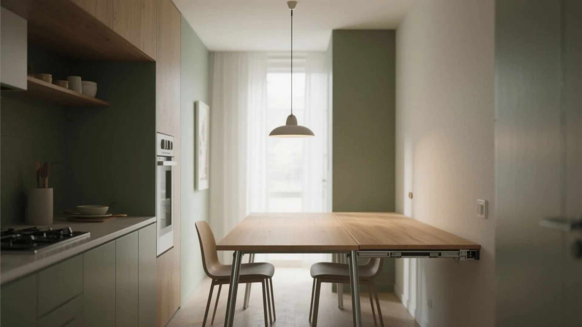 Narrow galley dining area with a slim telescopic table extended, showcasing metal slide hardware and minimal seating.