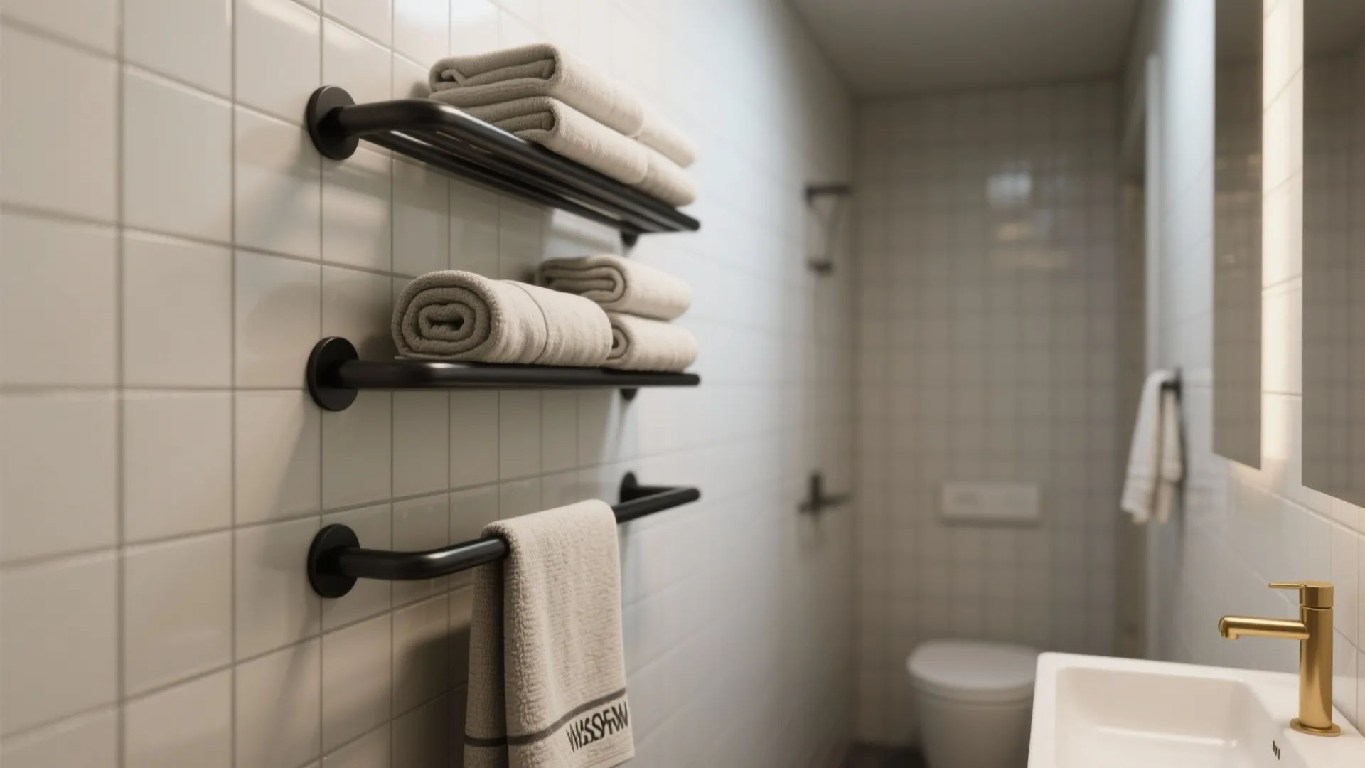 1. Slim, tiered wall bars — more towels, less bulk