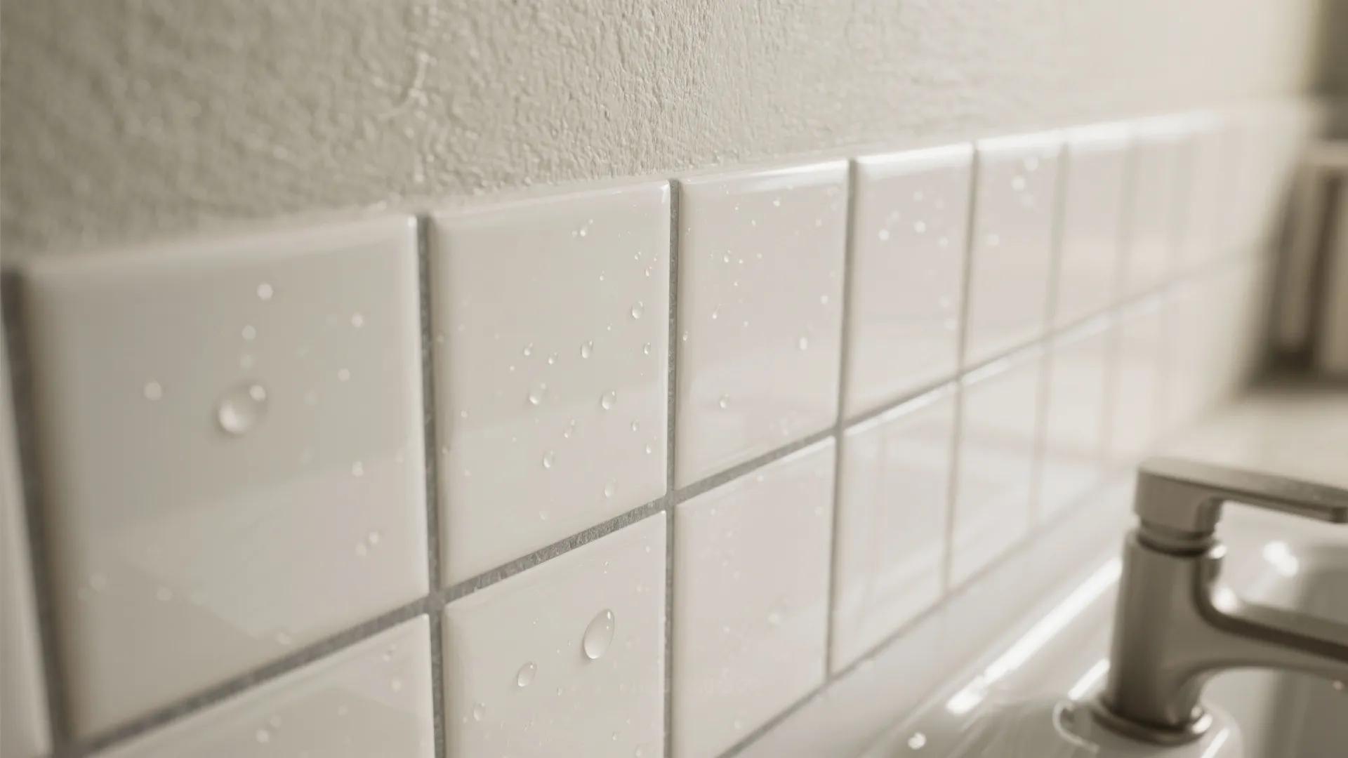 Close up of white square wall tiles with water drops near a silver bathroom sink