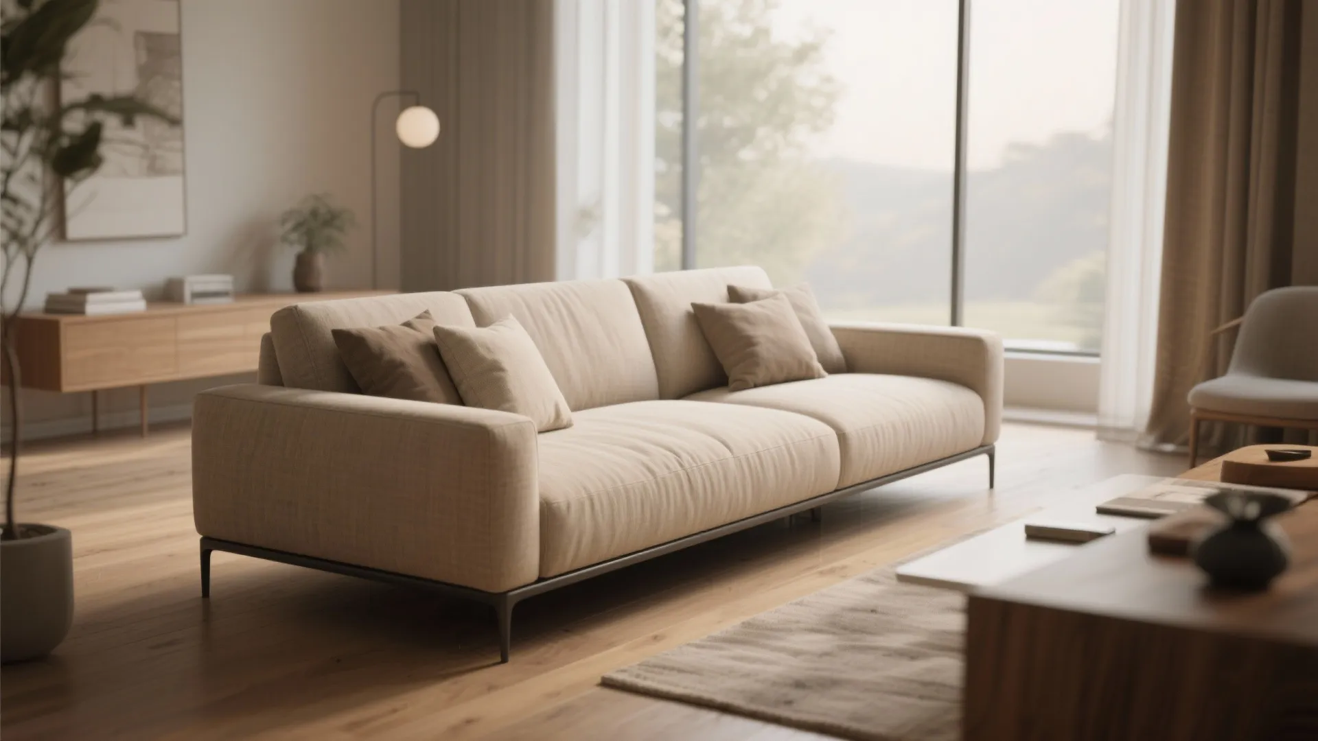 Modern living room featuring a long beige sofa wooden floor large windows and natural light