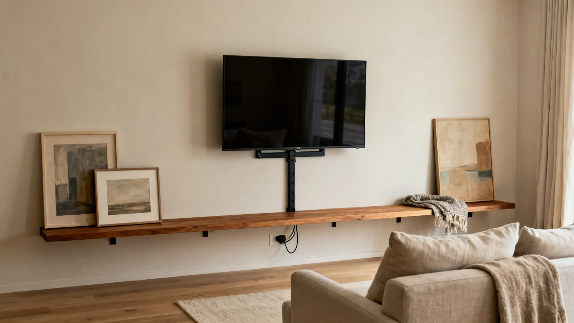 Minimal living room with slim tilt-mounted TV on a neutral wall and clean cable management.