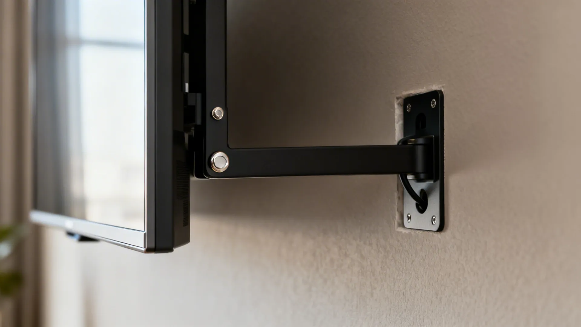 Macro of a slim tilt TV mount with hidden in-wall cable plate on a neutral wall.
