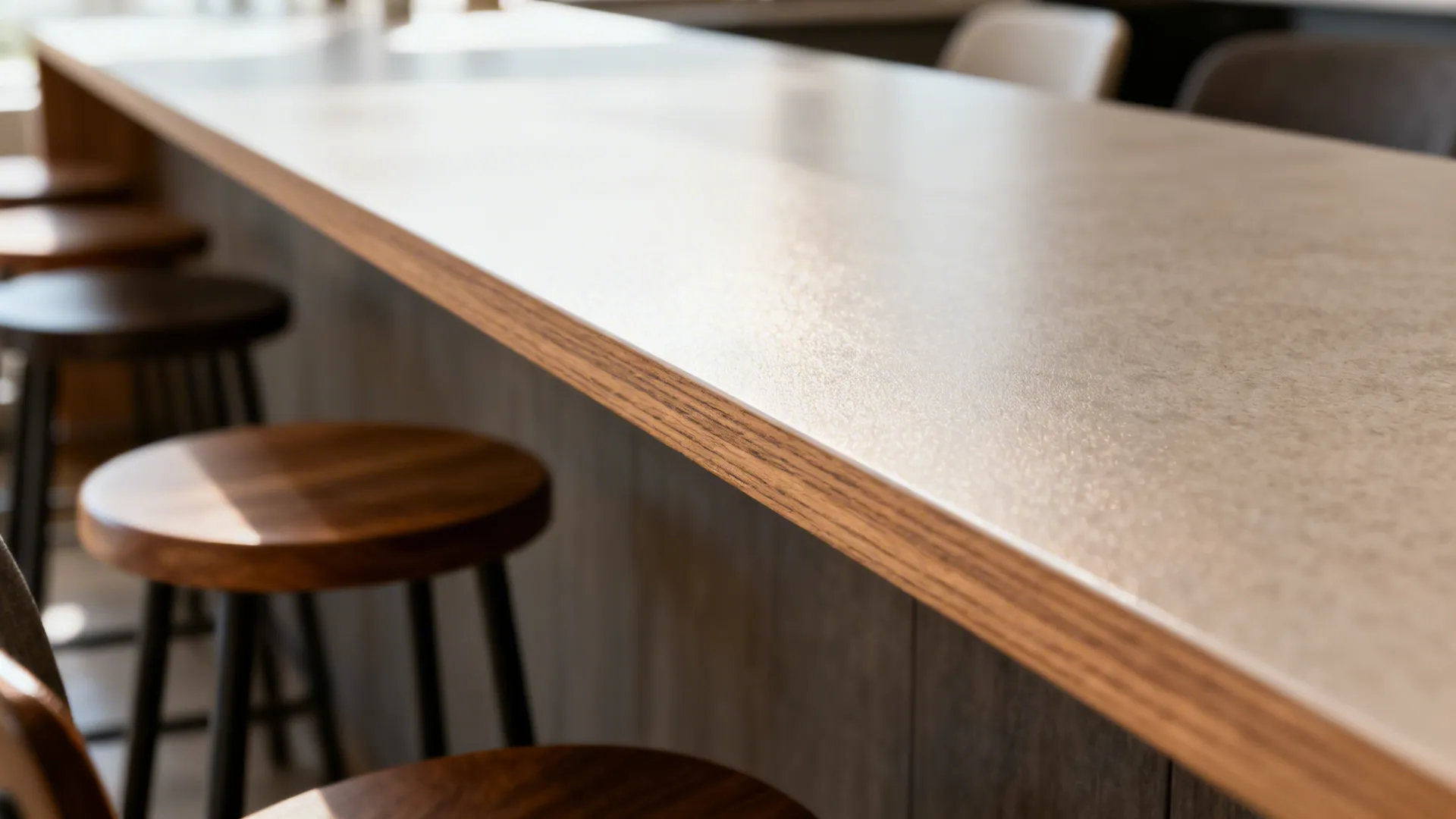 Close-up of a slim counter-height tabletop edge with refined material detail.