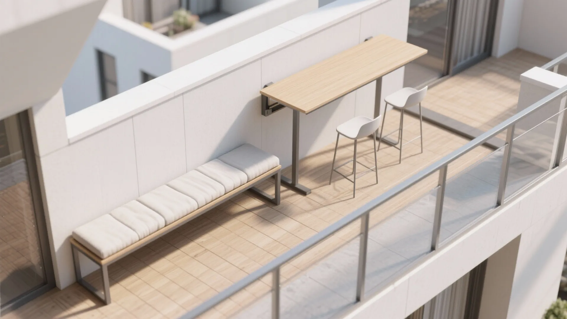 1) Slim seating + fold-down table: a social micro-lounge