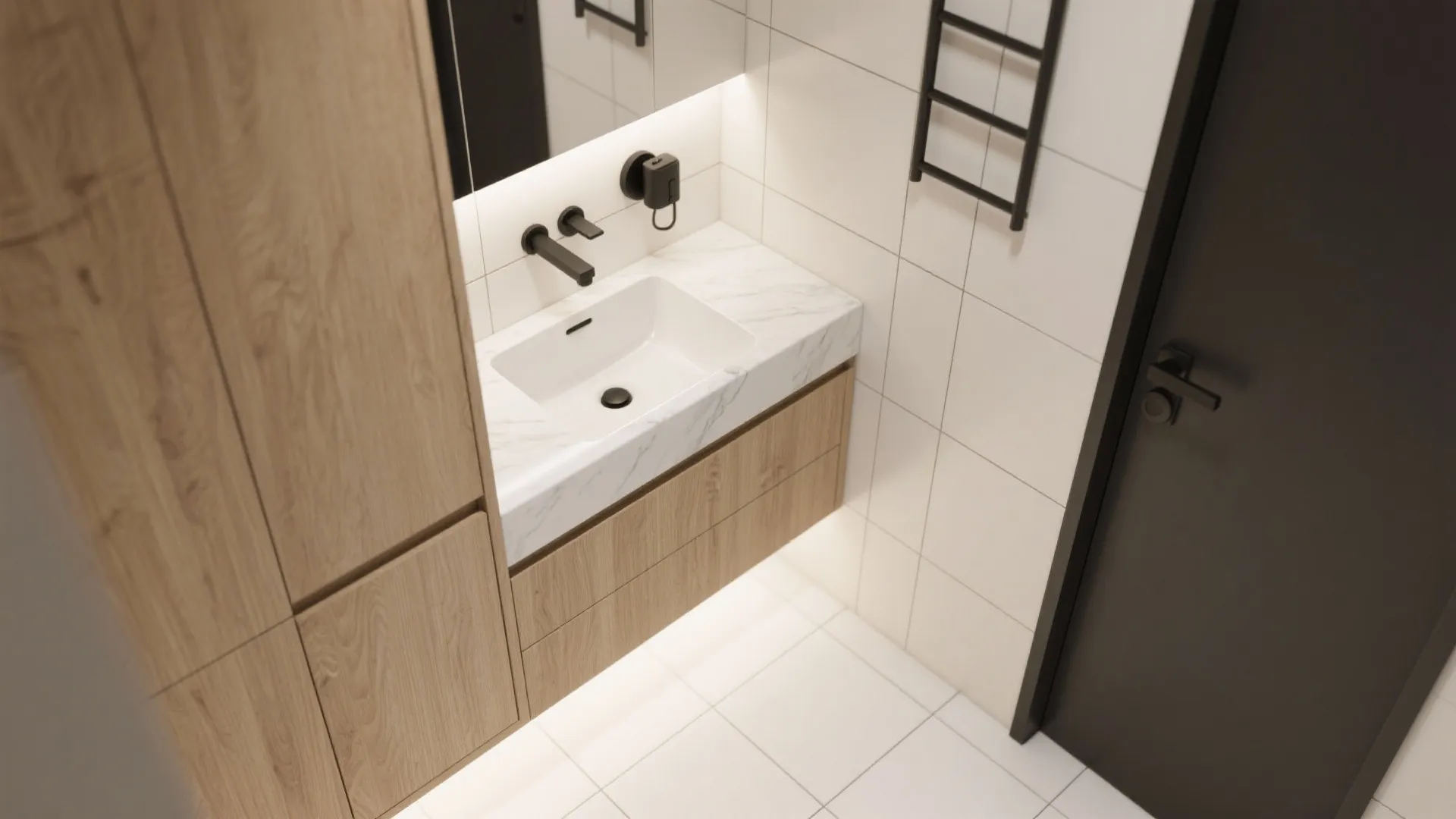 Top view of a small bathroom featuring a white sink on a wooden wall cabinet