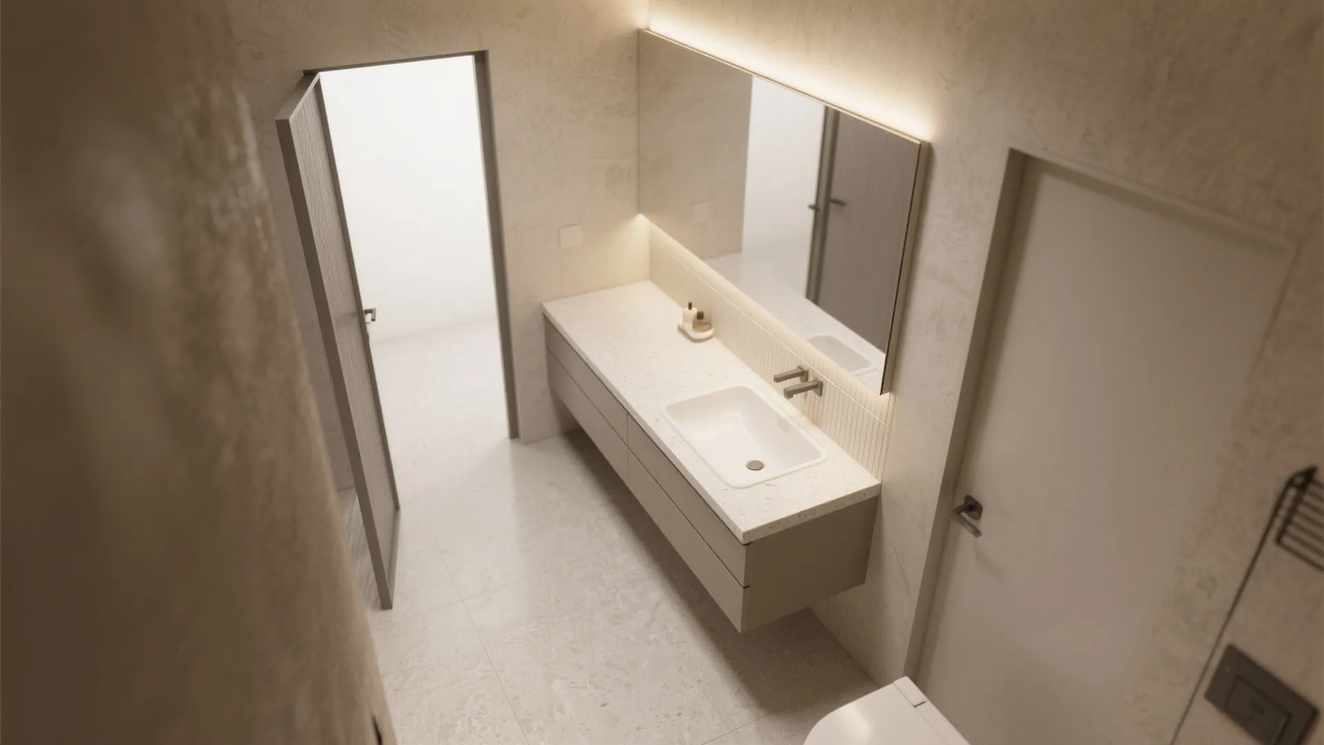 Wall-to-Wall, Slim-Depth Counters in Narrow Baths