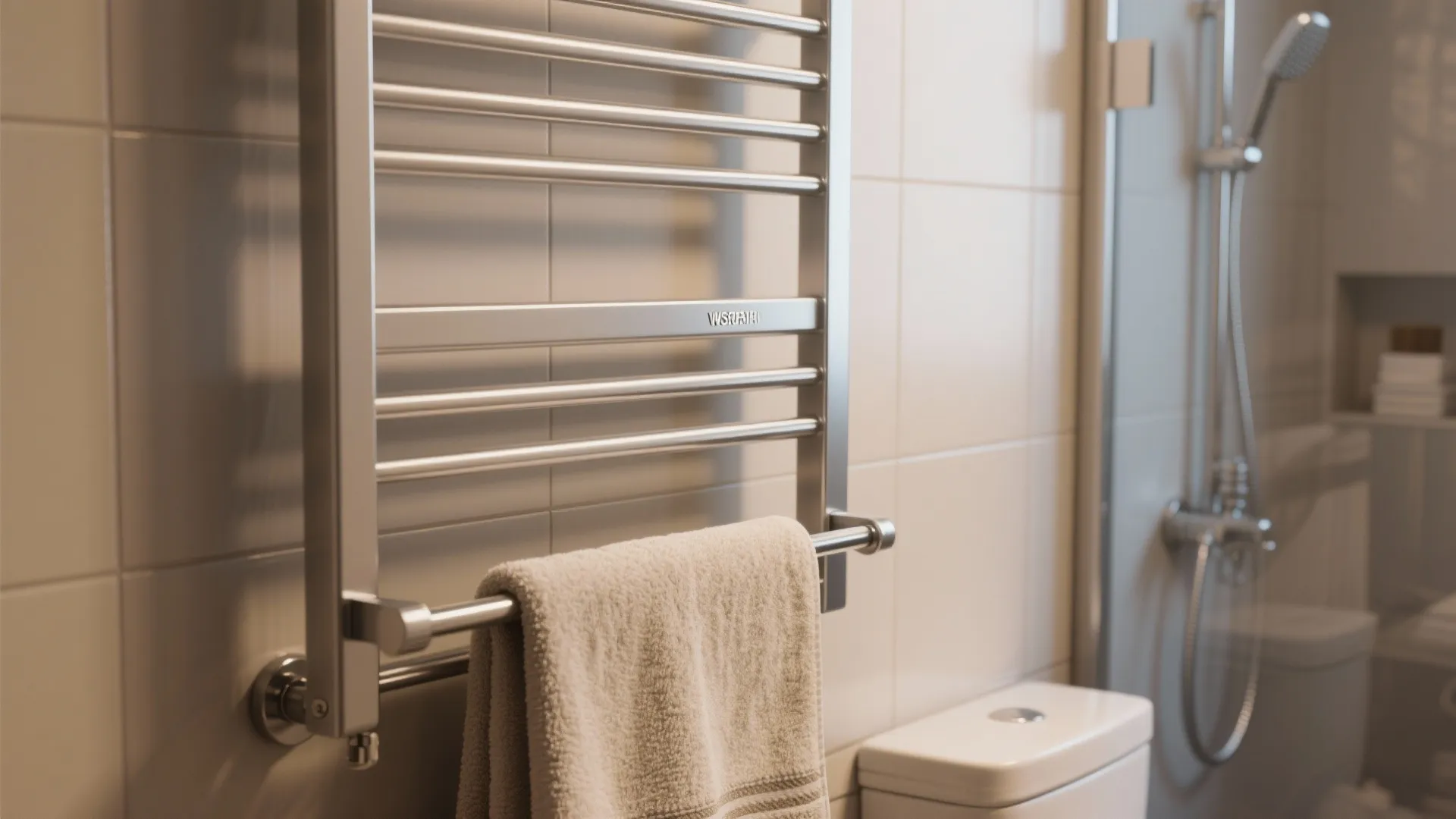 Close-up of a slim electric towel radiator with chrome finish and warm folded towel in a small bathroom.