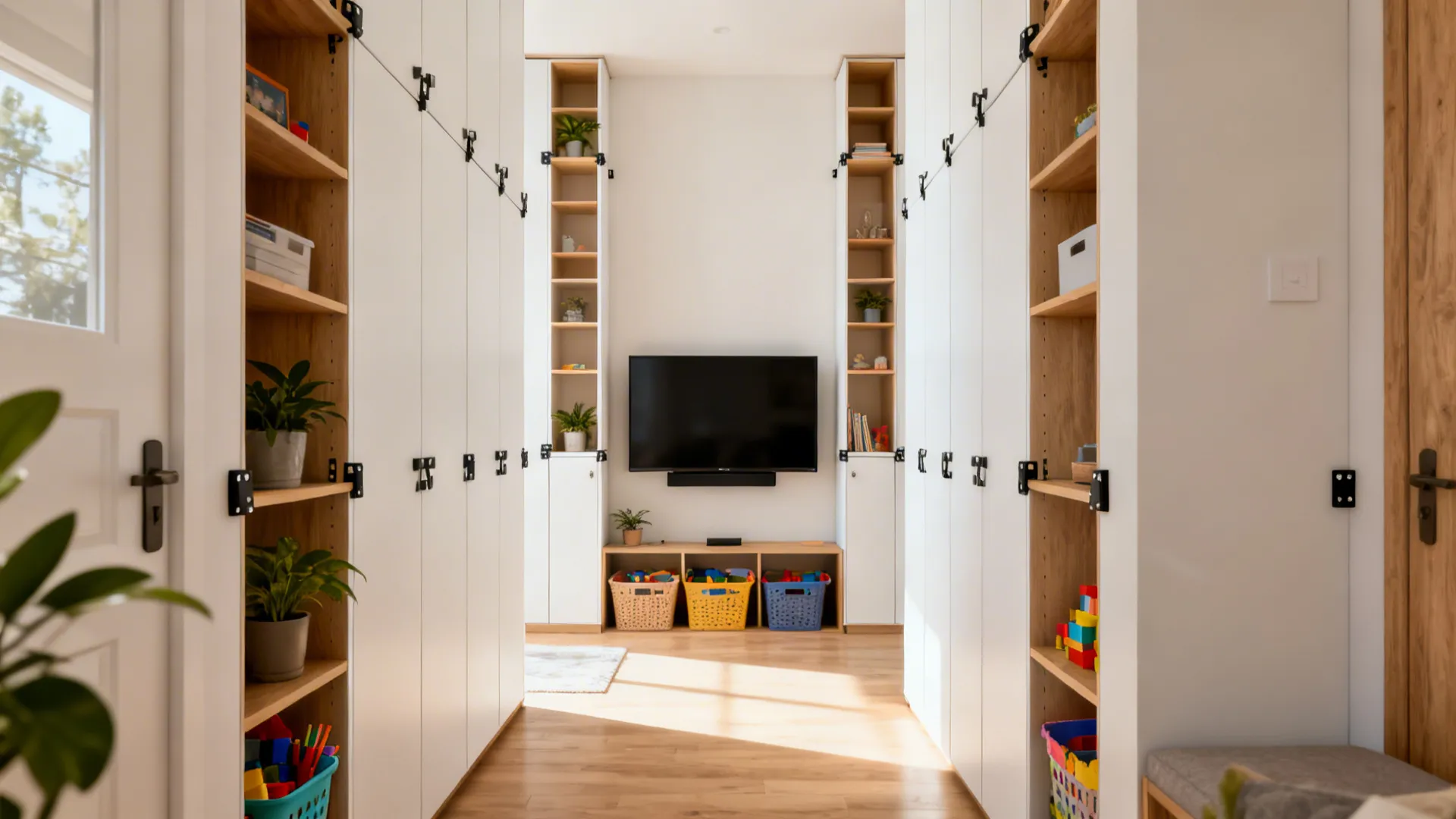 Slim vertical cabinets flanking a TV providing tall storage and visual symmetry.