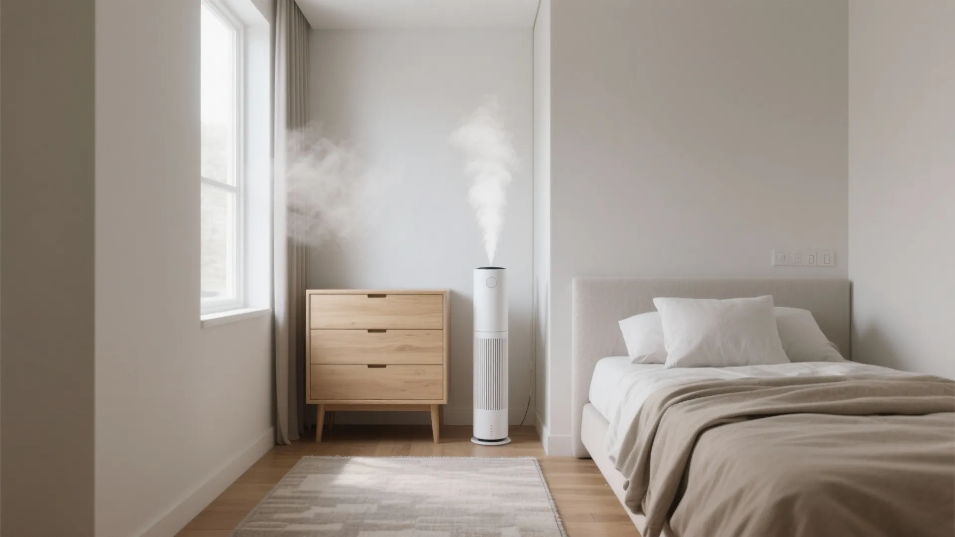 Slim tower humidifier beside a dresser in a compact bedroom showing gentle mist.