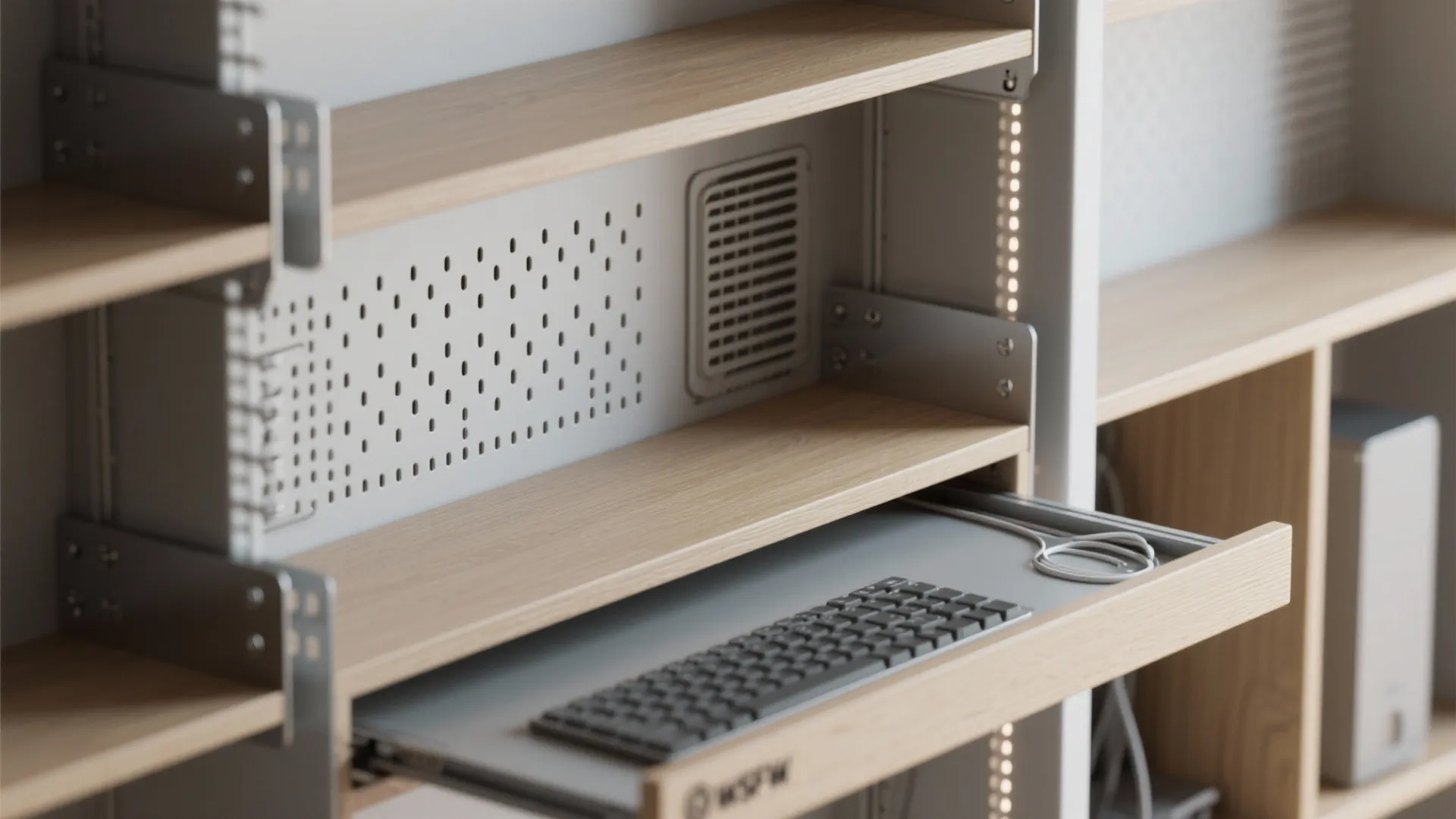 Close up view of wooden shelf with keyboard tray and metal wall panel for office