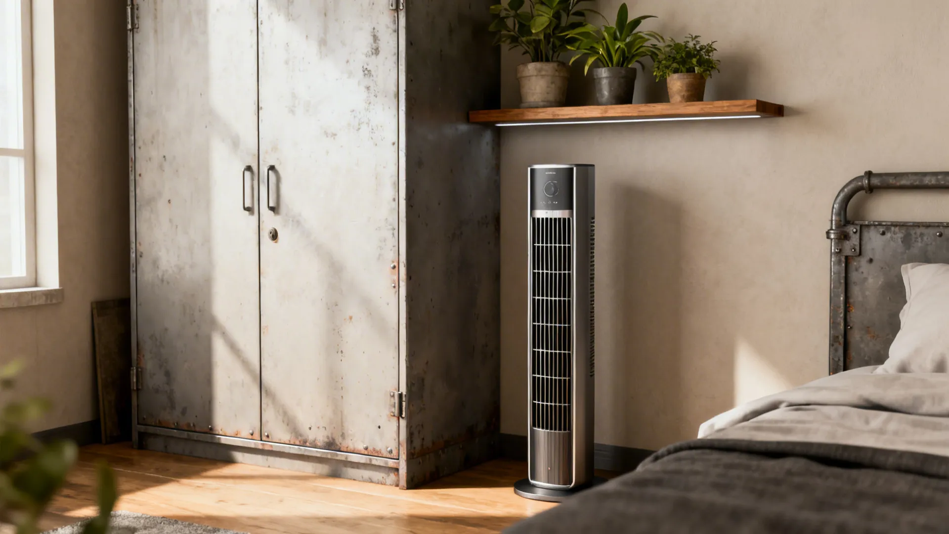 Slim tower cooler next to a wardrobe with a narrow shelf holding plants above it in a small bedroom