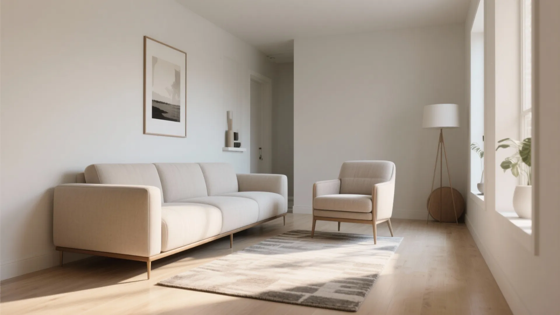 Slim track-arm sofa with an accent chair in a narrow living room, showing a clean silhouette