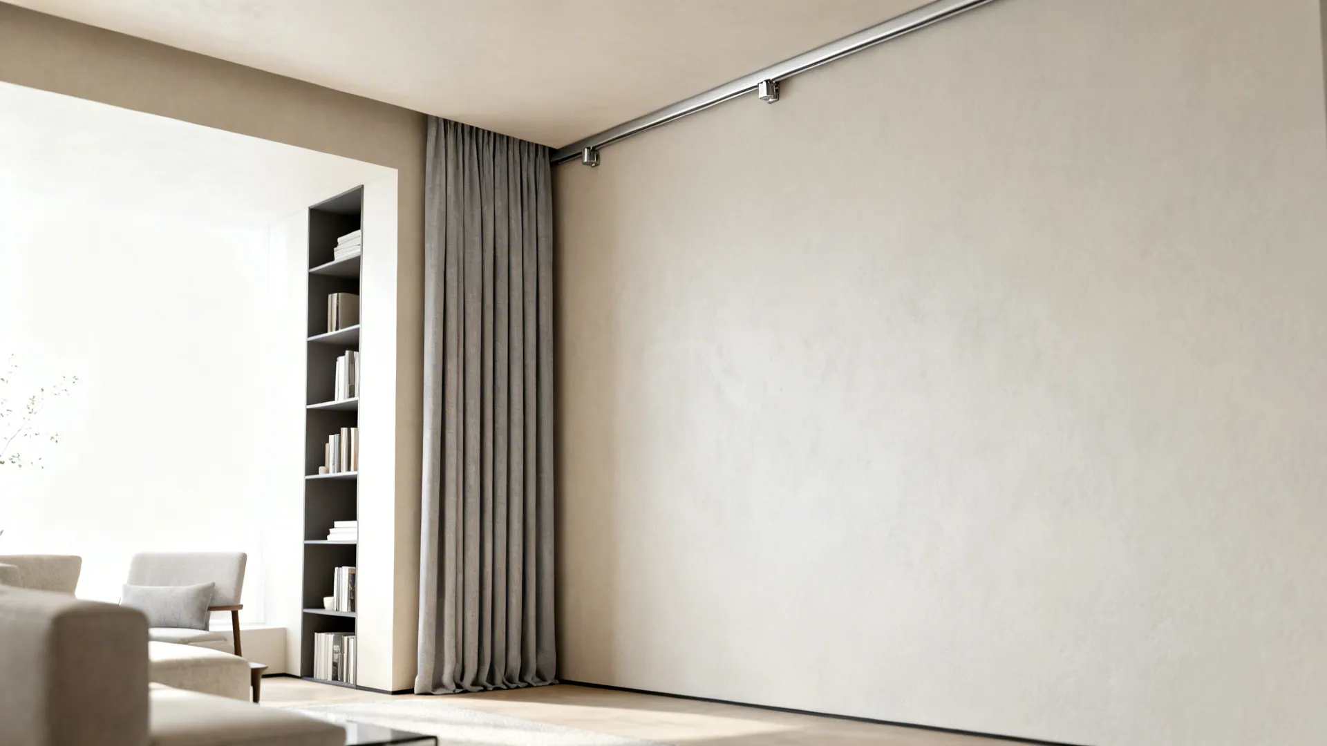 Small living room showing slim flush-mounted curtain track with curtains stacked into a narrow reveal.