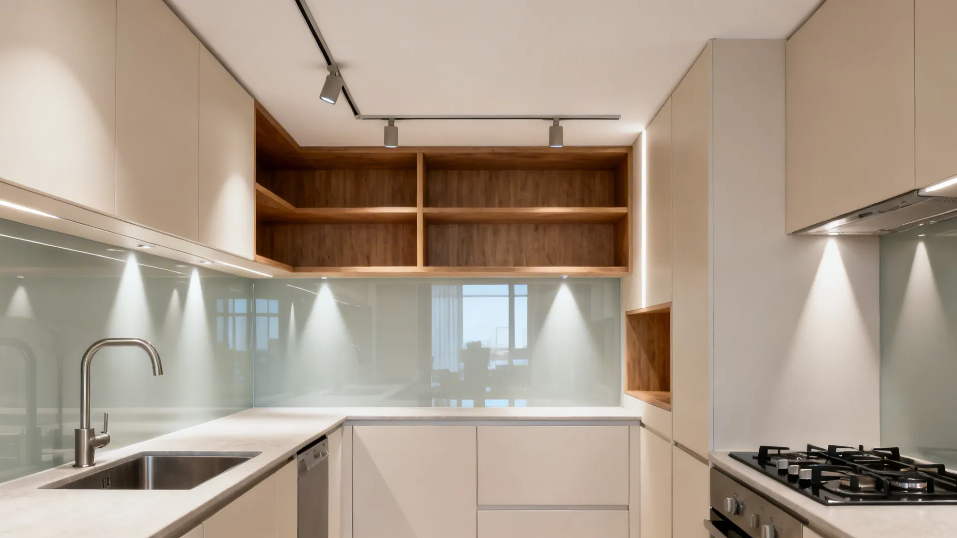 Small kitchen with slim track lighting and matte heads aimed at sink, stove, and shelves.
