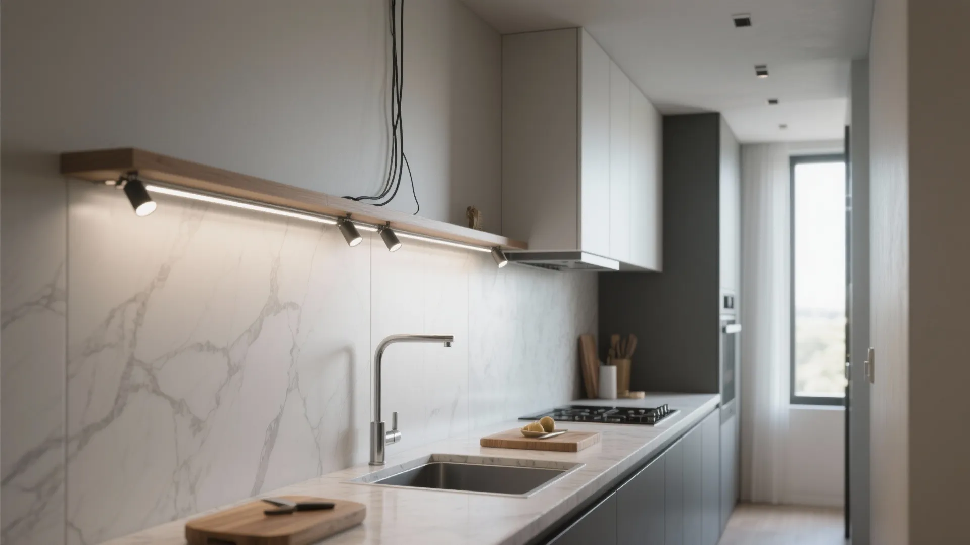 1. Slim linear track above a kitchenette