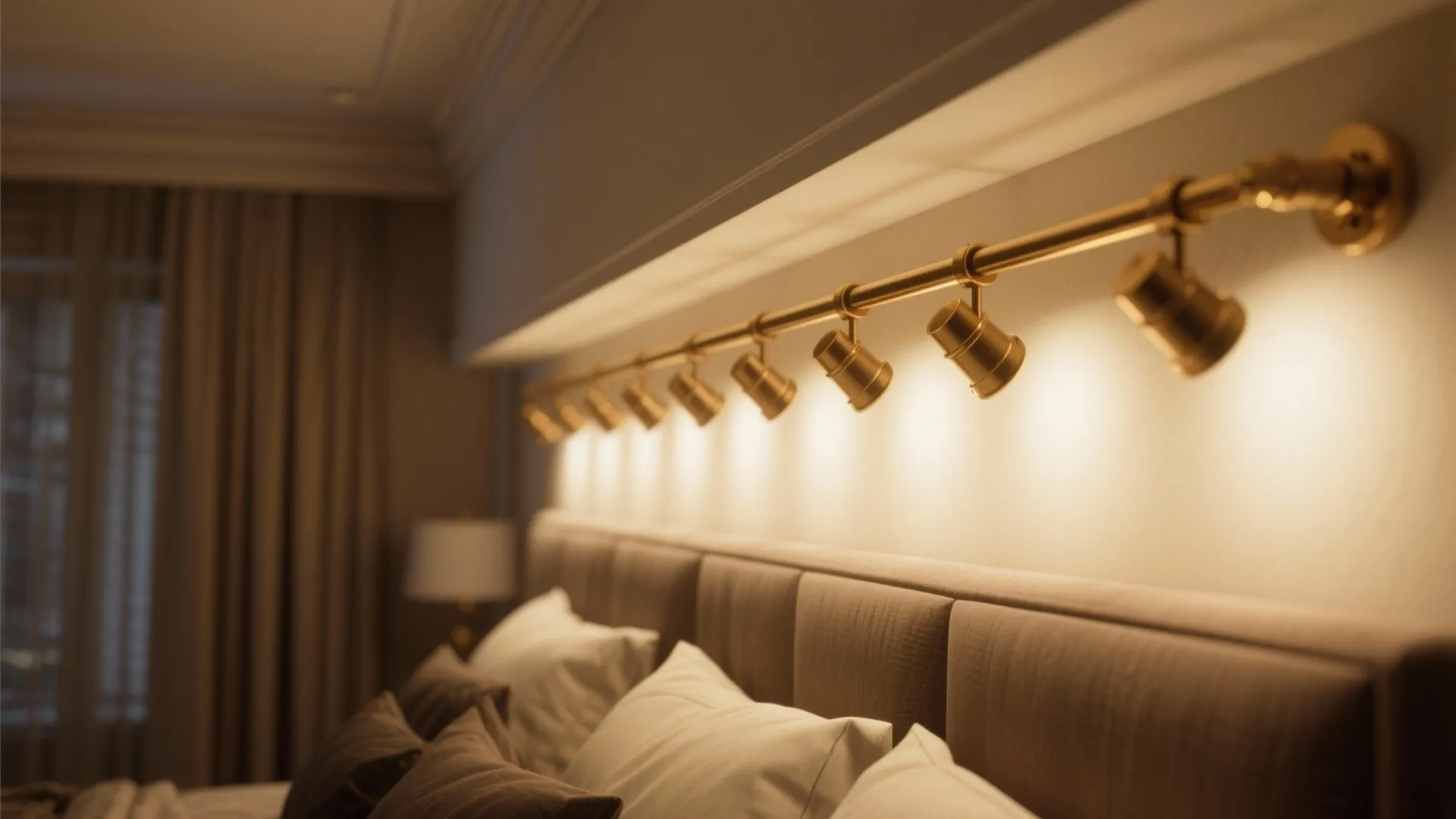 Gold light fixture mounted above a bed with several small spotlights illuminating the headboard area