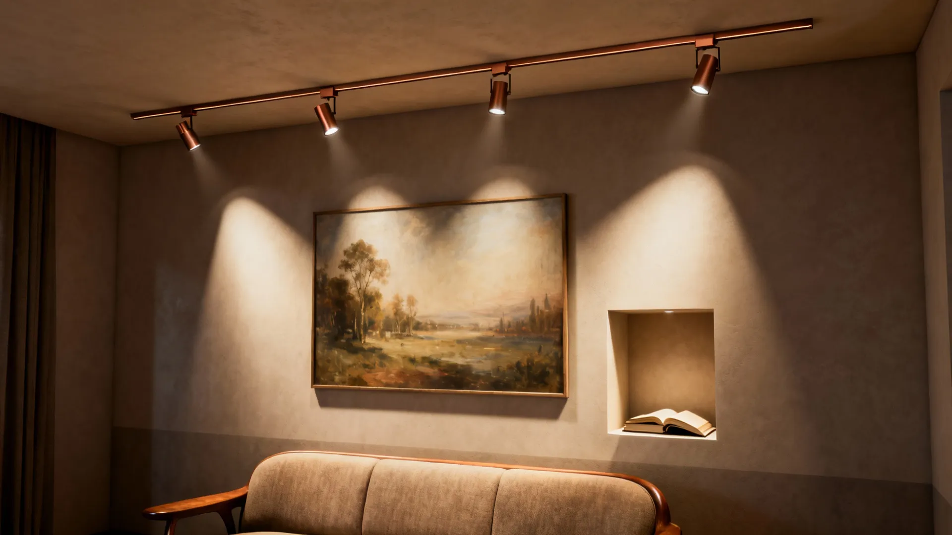 Slim, ceiling-matched track lighting in a low-ceiling living room with adjustable heads highlighting art