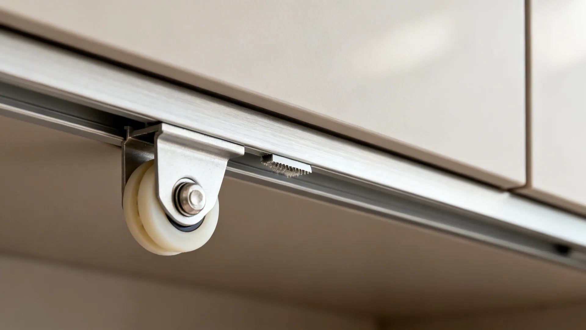 Close-up of slim aluminum sliding cabinet track with nylon roller.