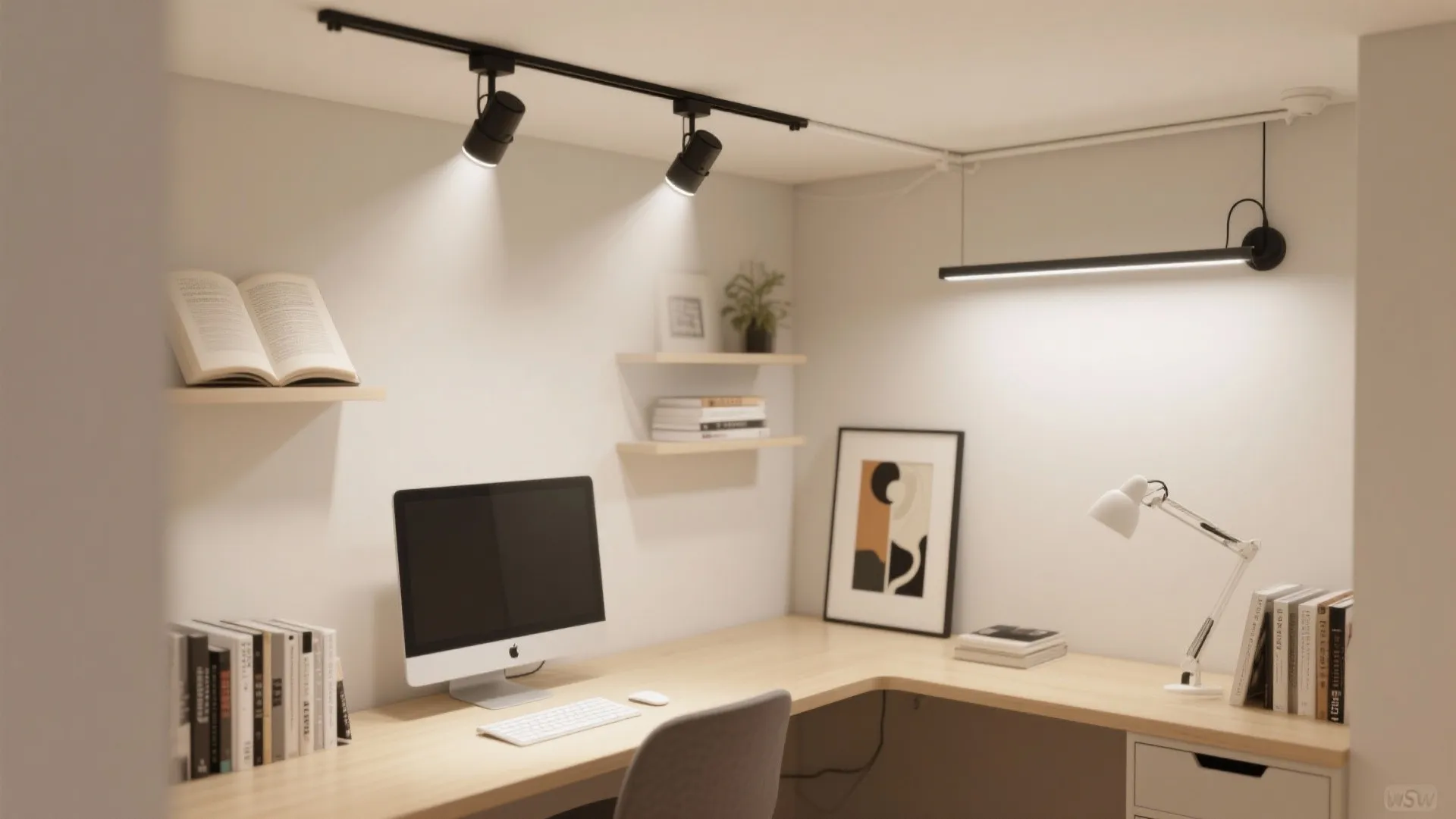Modern home office with corner desk computer track lighting wall shelves and a desk lamp