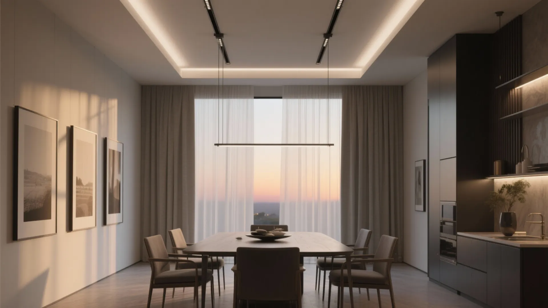 Modern dining room with slim ceiling-mounted curtain tracks and long flowing panels creating a gallery-like look.