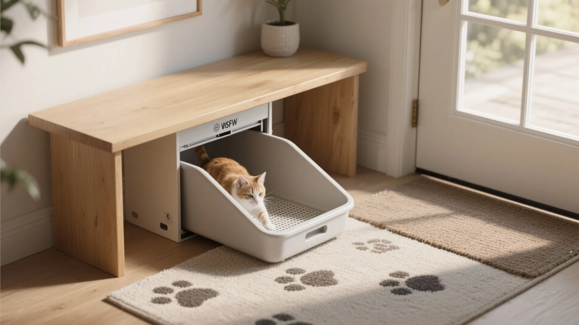 1. Slim tray tucked under benches