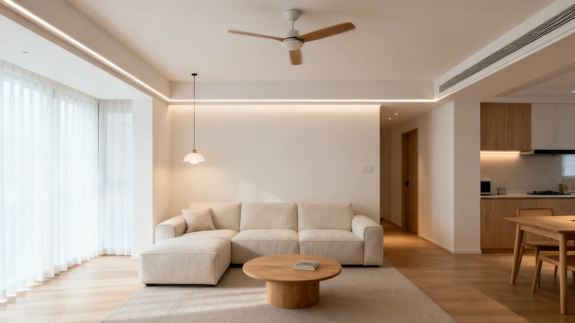 Shallow rectangular tray ceiling frames the seating area in a small living room.