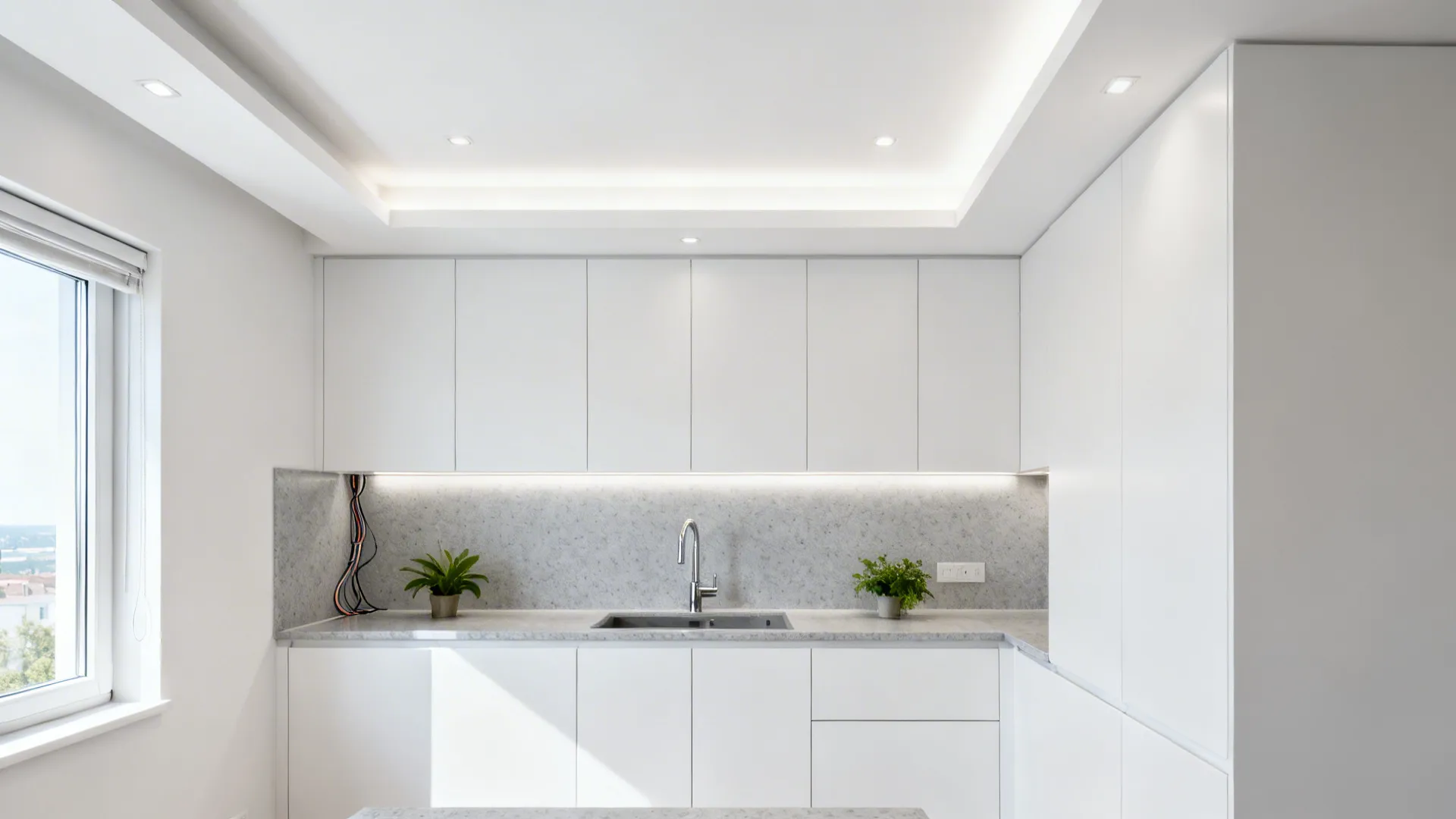 Small kitchen with a slim tray ceiling and recessed LEDs illuminating the prep zones.