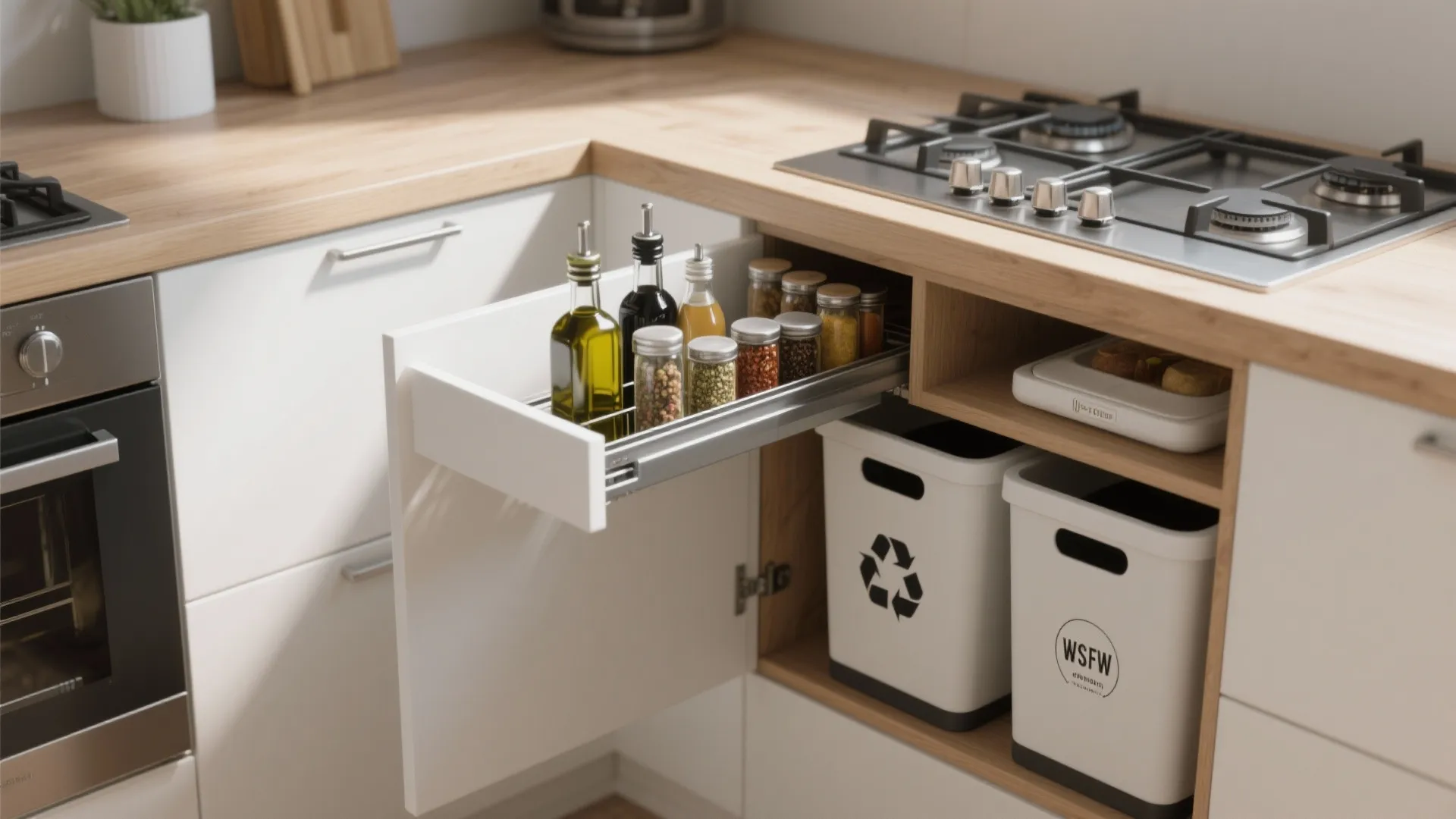 5. Slim pull-out trays and dedicated recycling stations