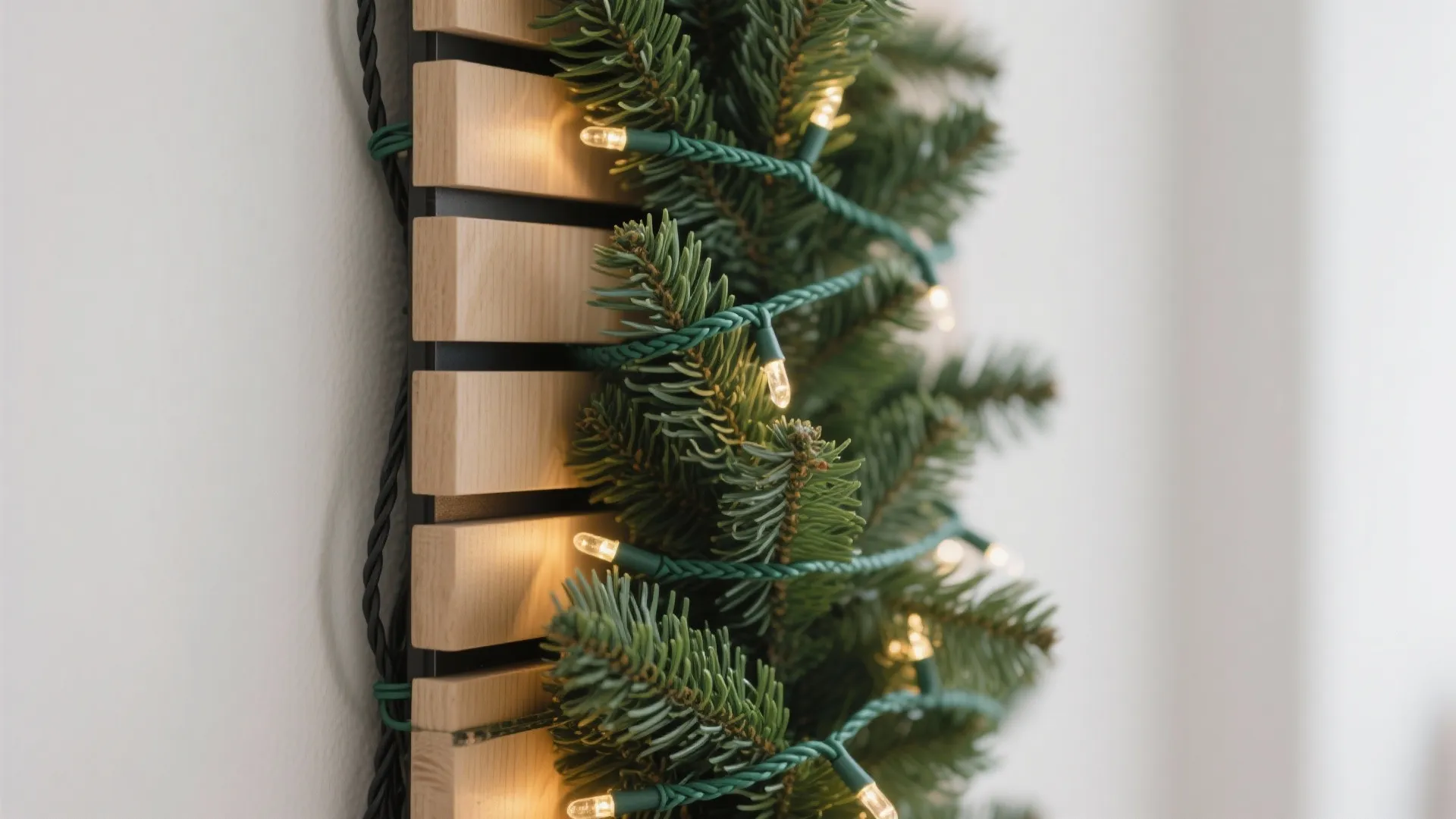 Close up of green Christmas tree branches with small warm yellow lights on wood panel