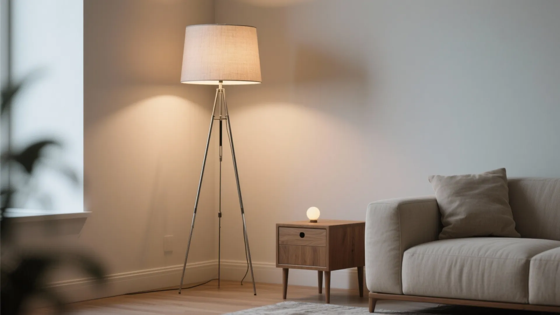 Slim tripod floor lamp placed in a small corner next to a sofa, casting a warm diffuse light.