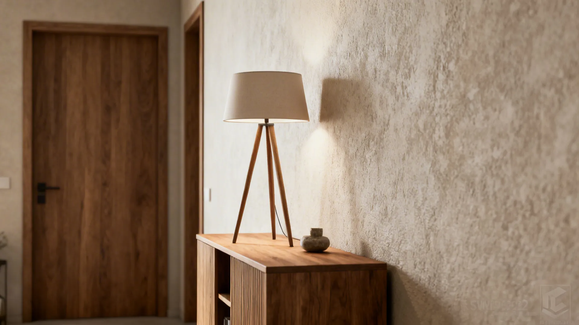 Slim tripod table lamp on a narrow entry console providing task light without taking much surface area