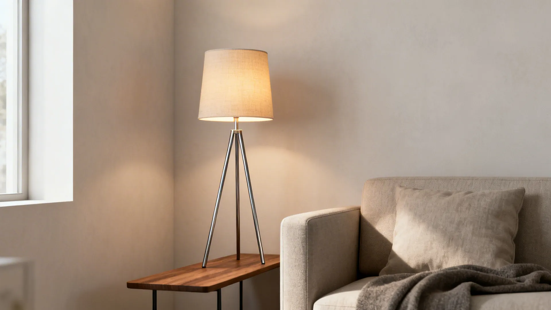 Slim tripod table lamp on a narrow side table beside a sofa, creating a light, airy profile.