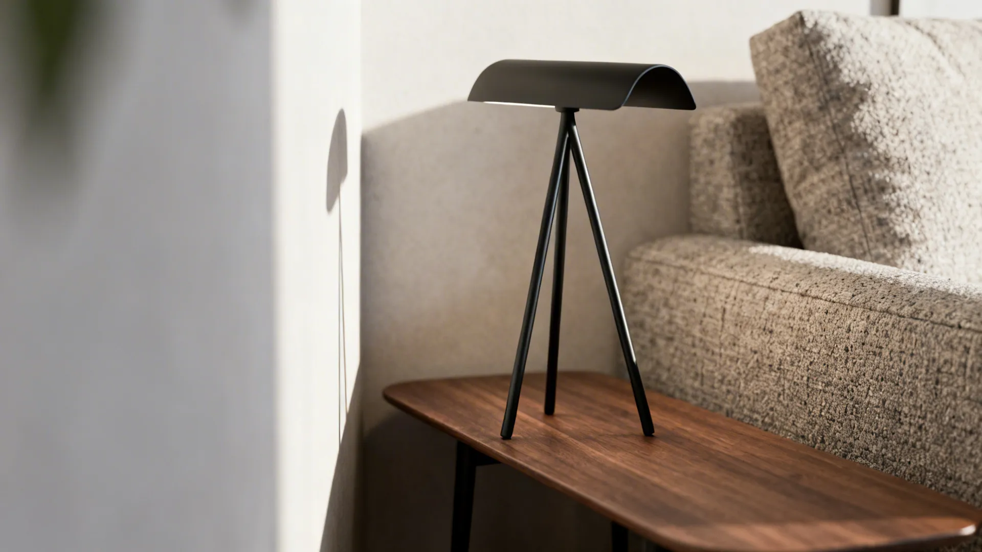 Slim black tripod table lamp on a narrow side table with a pale sofa behind