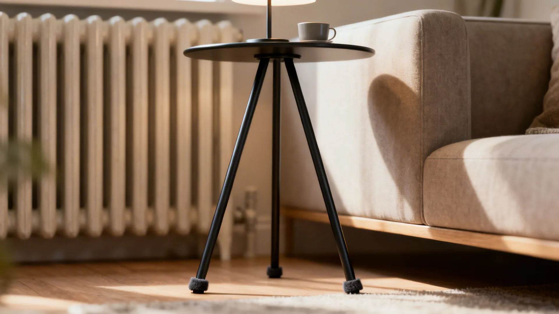 Slim matte-black tripod side table with a lamp beside a narrow sofa, showing felt pads on the feet.