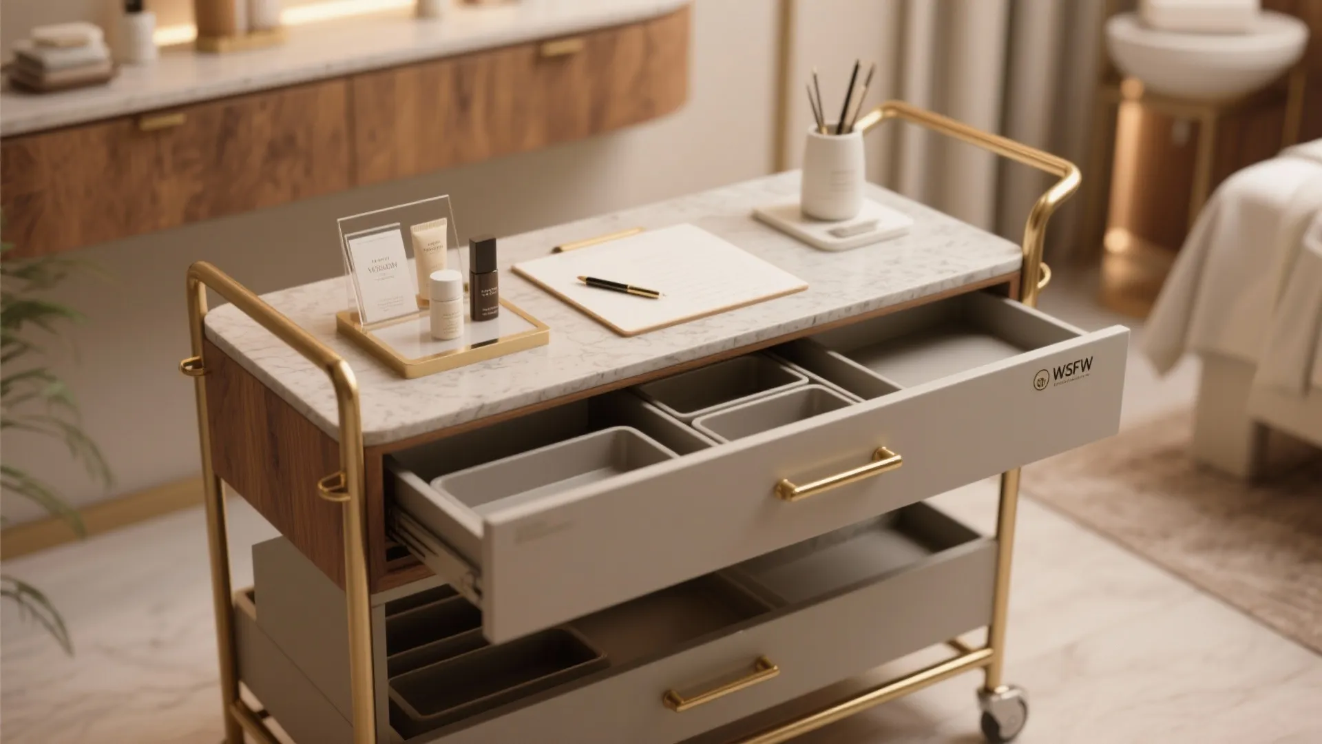 Modern white and gold storage cart with open drawers holding skin care products and notebooks