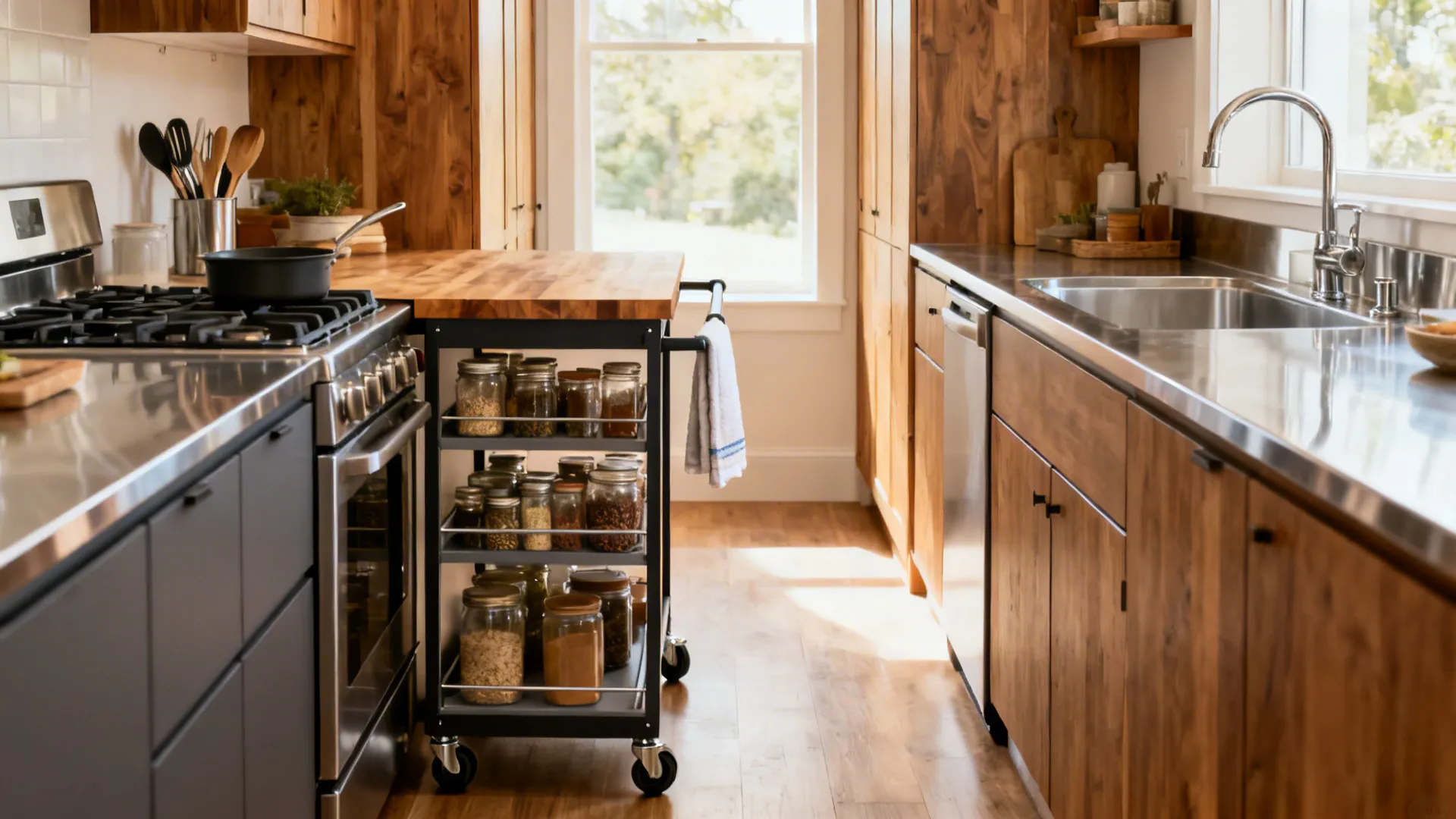 Modern kitchen with wood cabinets and black rolling cart filled with many glass spice jars