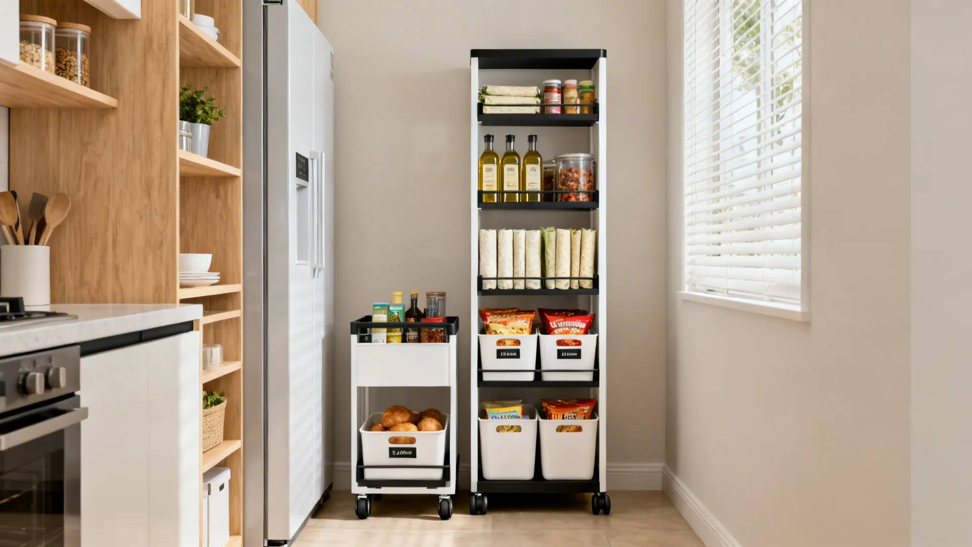 Slim rolling trolley and freestanding pantry tower organized in a small kitchen nook.