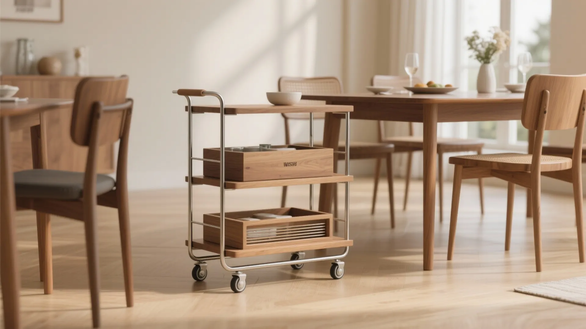 Slim dining trolley with wooden shelves