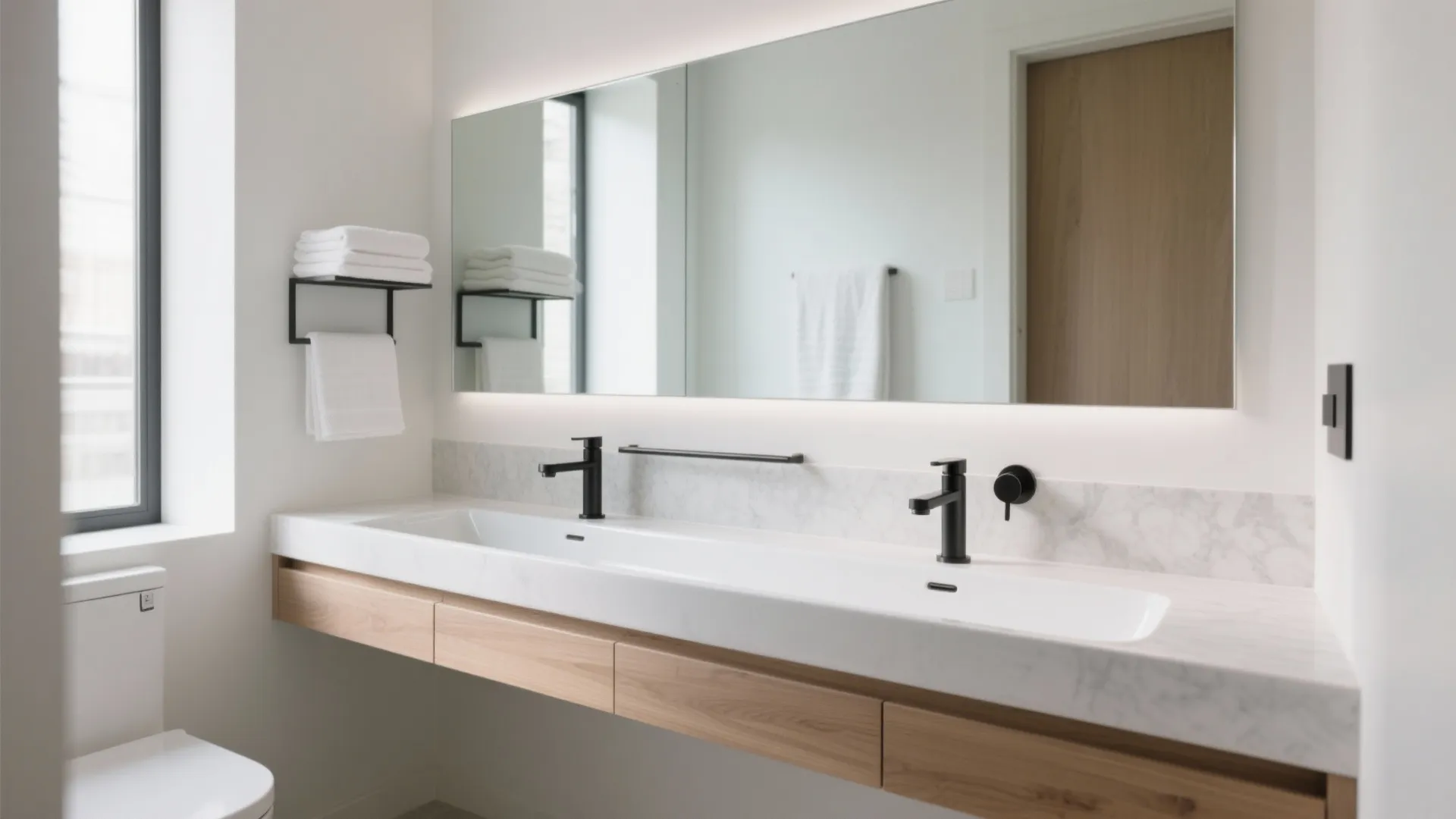 Modern double bathroom vanity with two black faucets white marble countertop and long lighted mirror