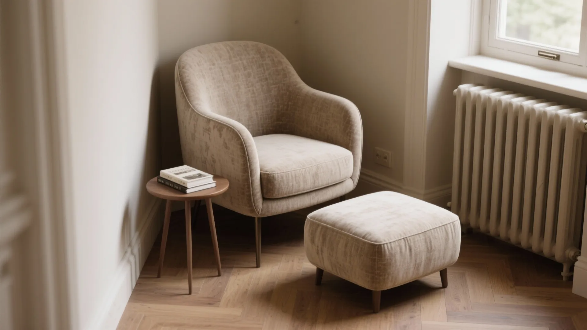 Slim tub chair in a cozy alcove with a plush ottoman and soft daylight, demonstrating space-saving design.