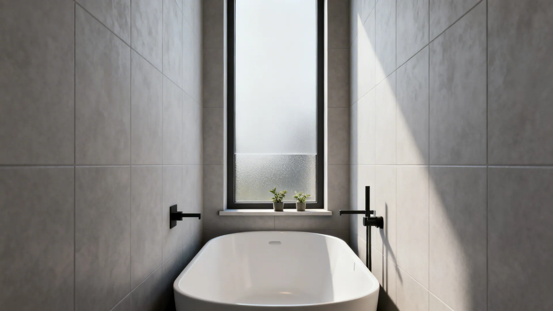 Narrow freestanding tub under a frosted window with a slim plant shelf and gray tiles