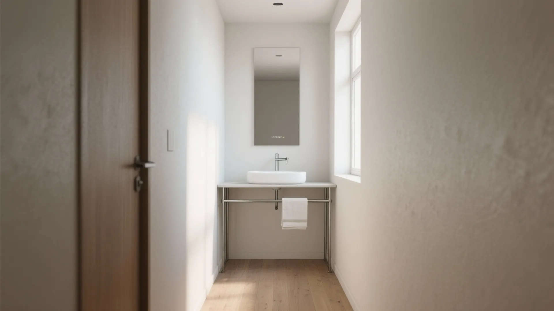 Narrow washroom with a slim tubular console sink and open legs creating clear sightlines.