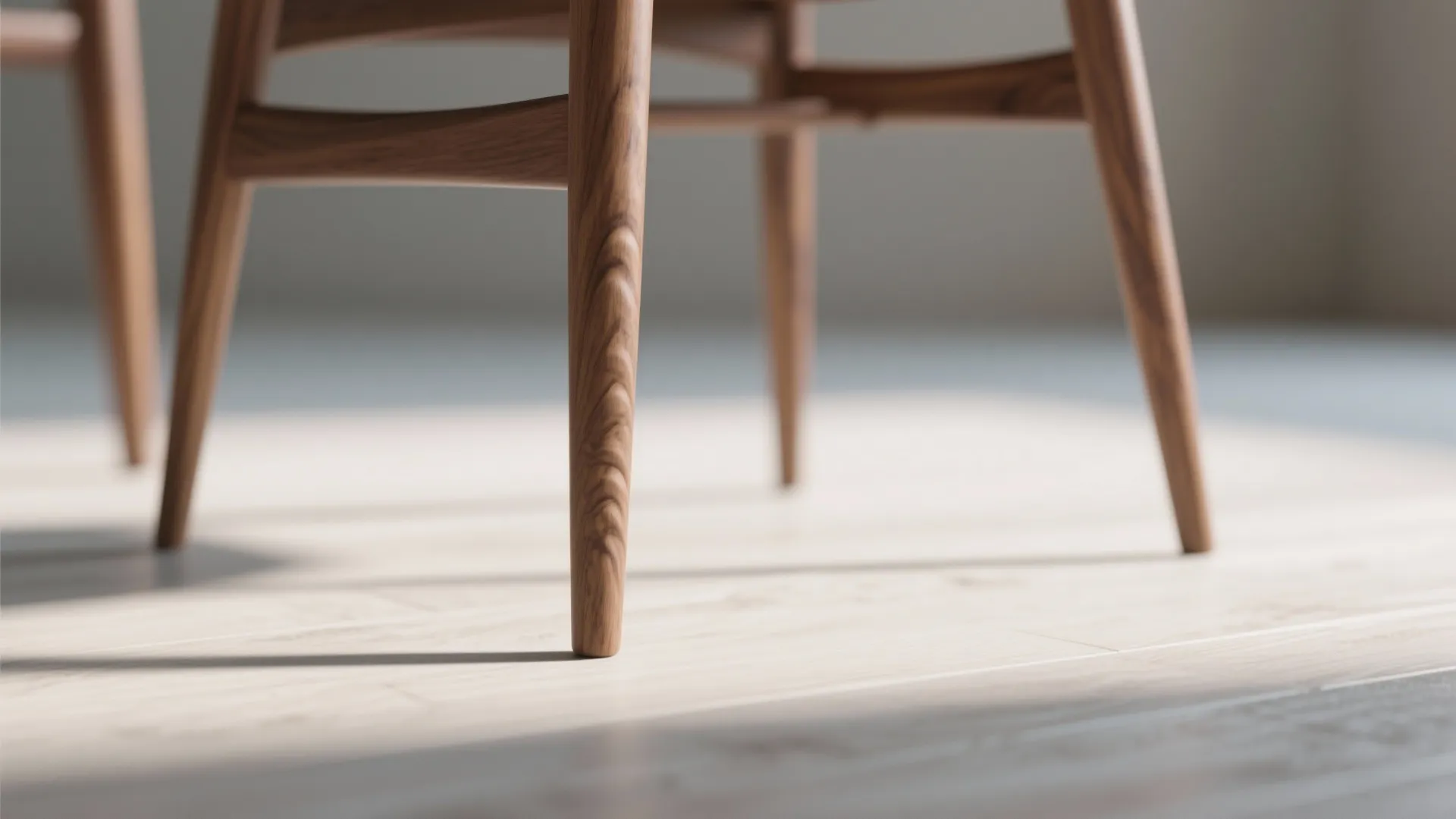 Slim tapered wooden chair legs casting delicate shadows on the floor.