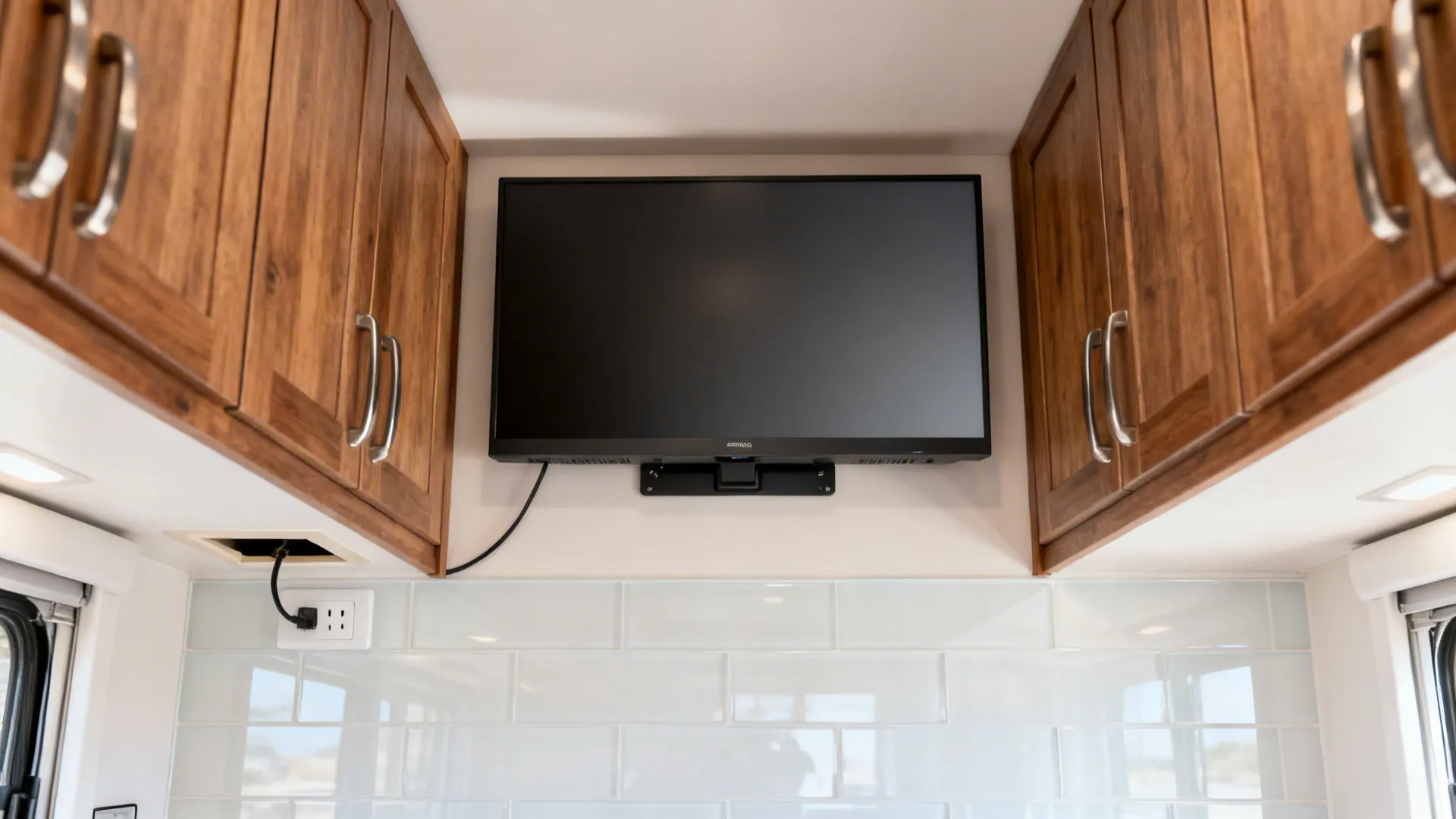 Slim 24-inch TV mounted above a kitchen backsplash centered between upper cabinets with a flush profile.