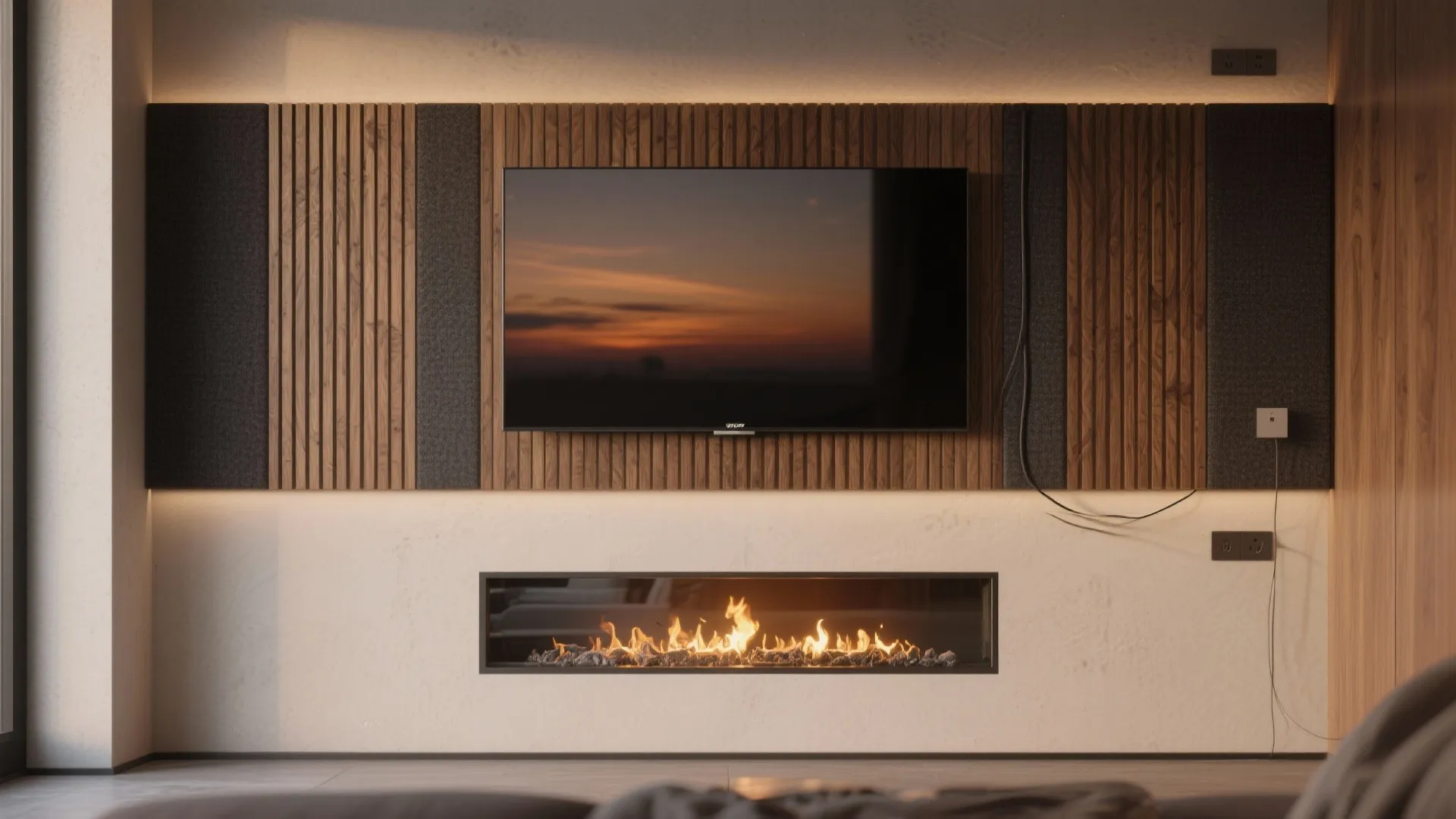 Slim TV wall with fireplace and acoustics