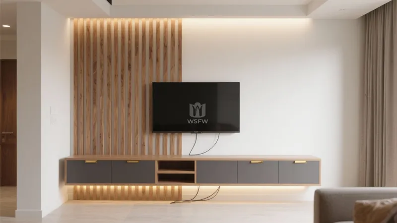 Modern Living Room with Wood Slat Feature Wall & Floating Media Unit