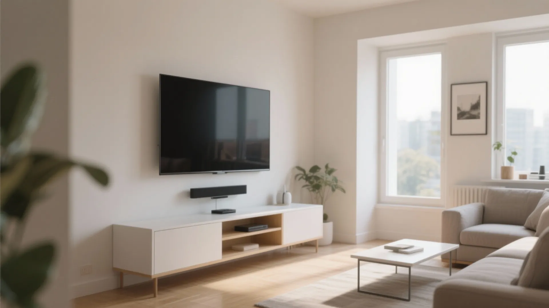Slim TV stand with wall-mounted screen in a small living room