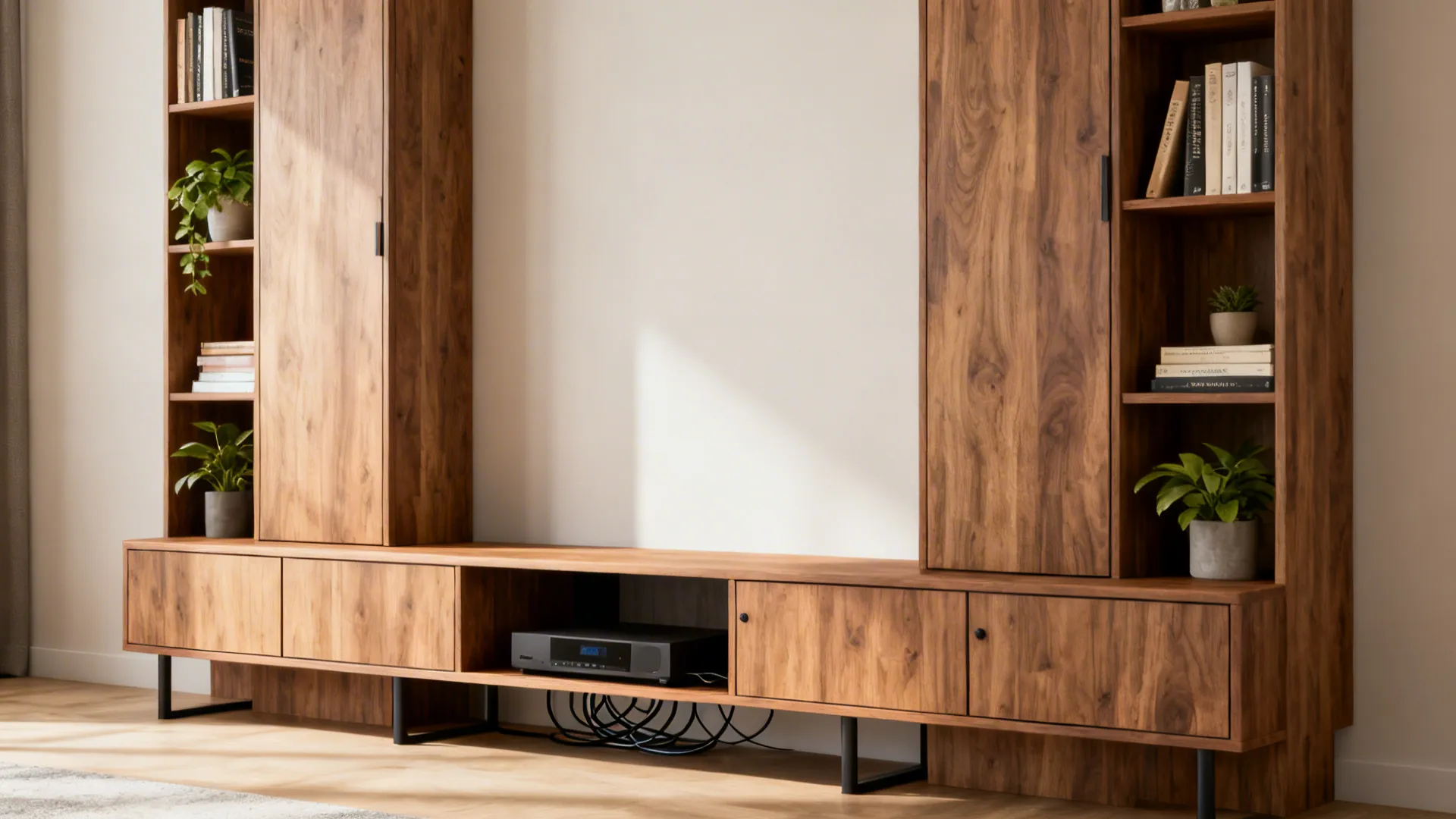 Low TV console with tall vertical storage and open shelving, plants and books.