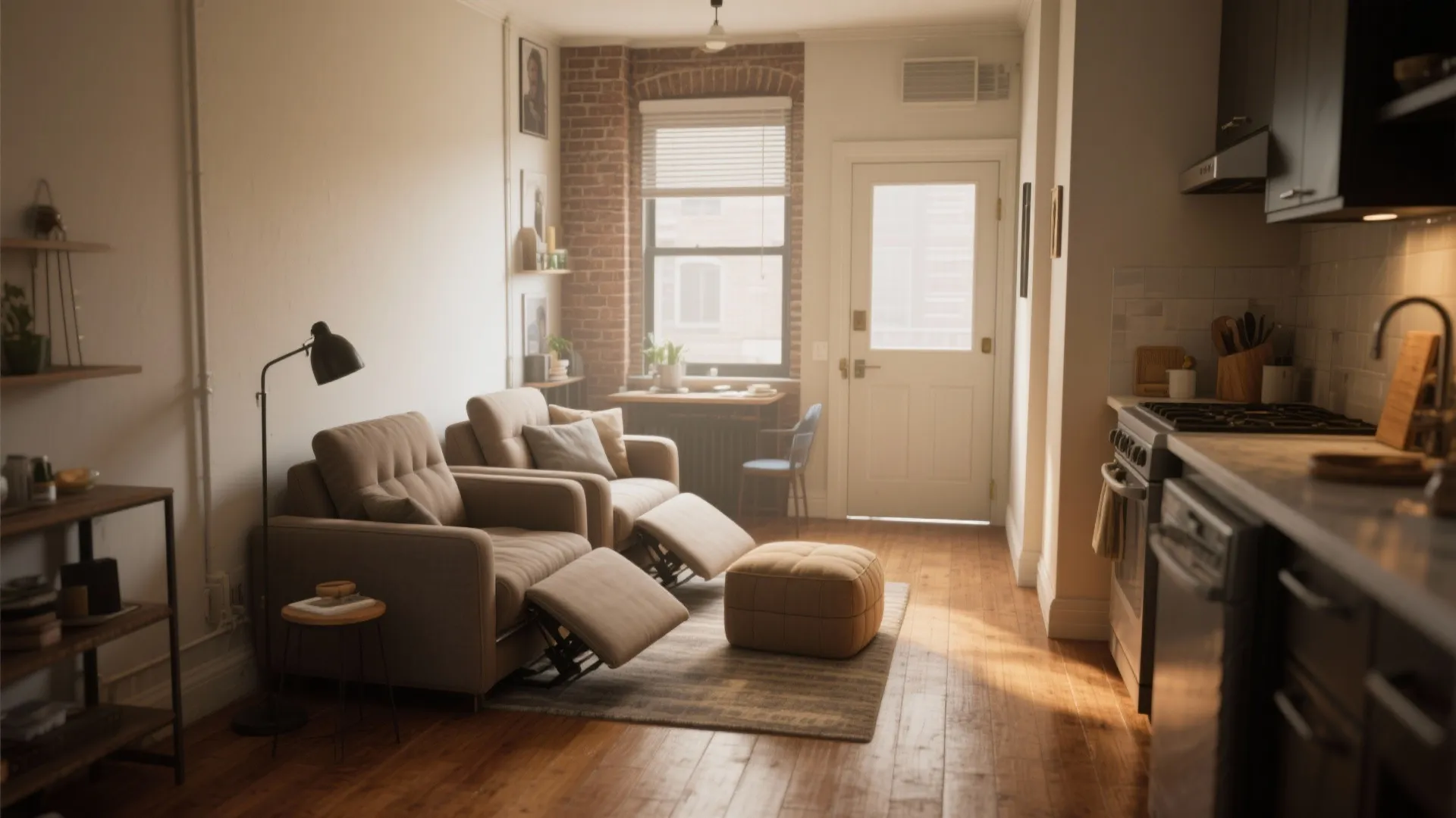 Cozy living room interior with two beige reclining chairs a footrest and light wood floor