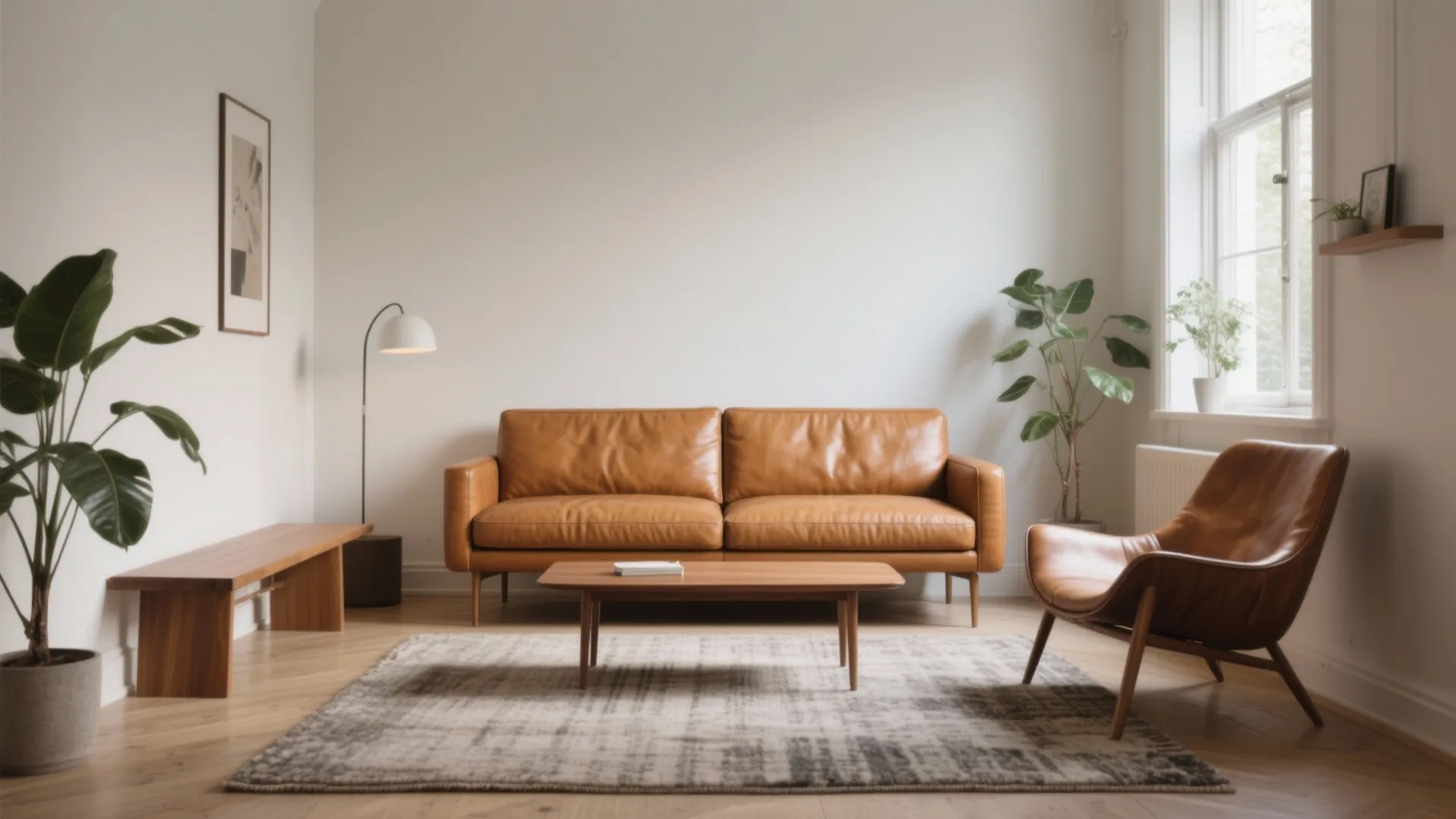 Minimalist living room featuring a tan leather sofa wooden coffee table and indoor green plants